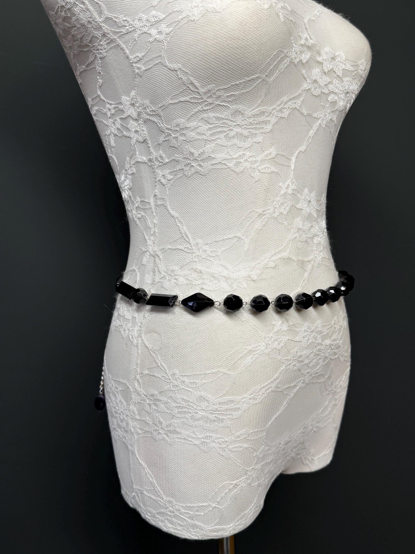 X-Long Belt, Faceted Black Bead Belt, Chain Belt, Vintage Style Belt, Beads, Fashion Belt, Gift, Quality Belt, Elegant, Swimwear Belt