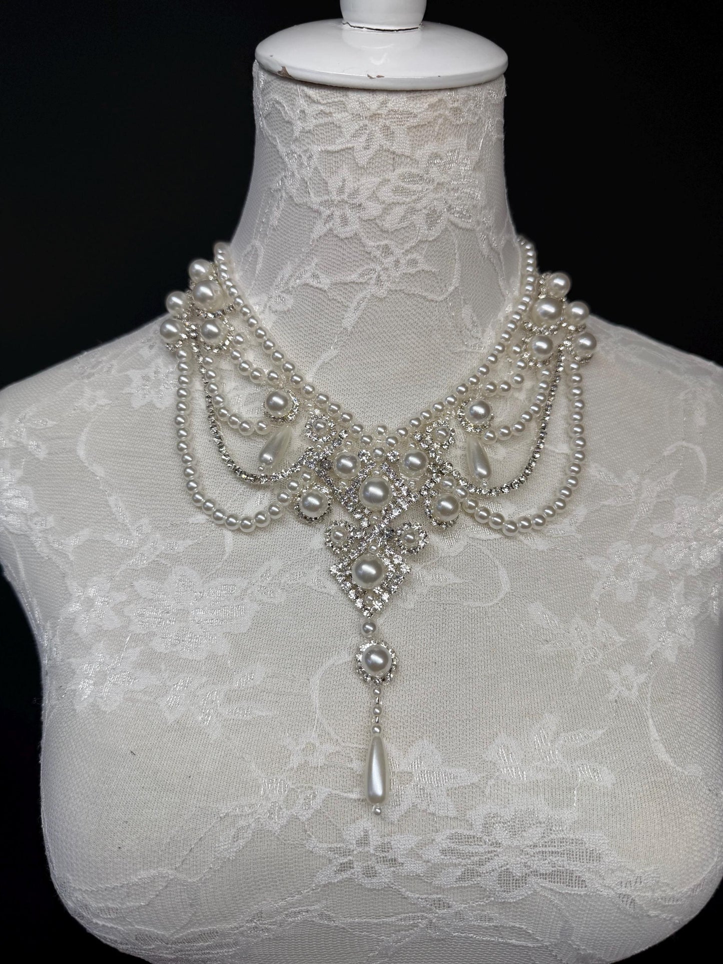 Pearl Jewel Necklace, Handmade Elegant Bridal Necklace, Diamante, Jewels, Silver