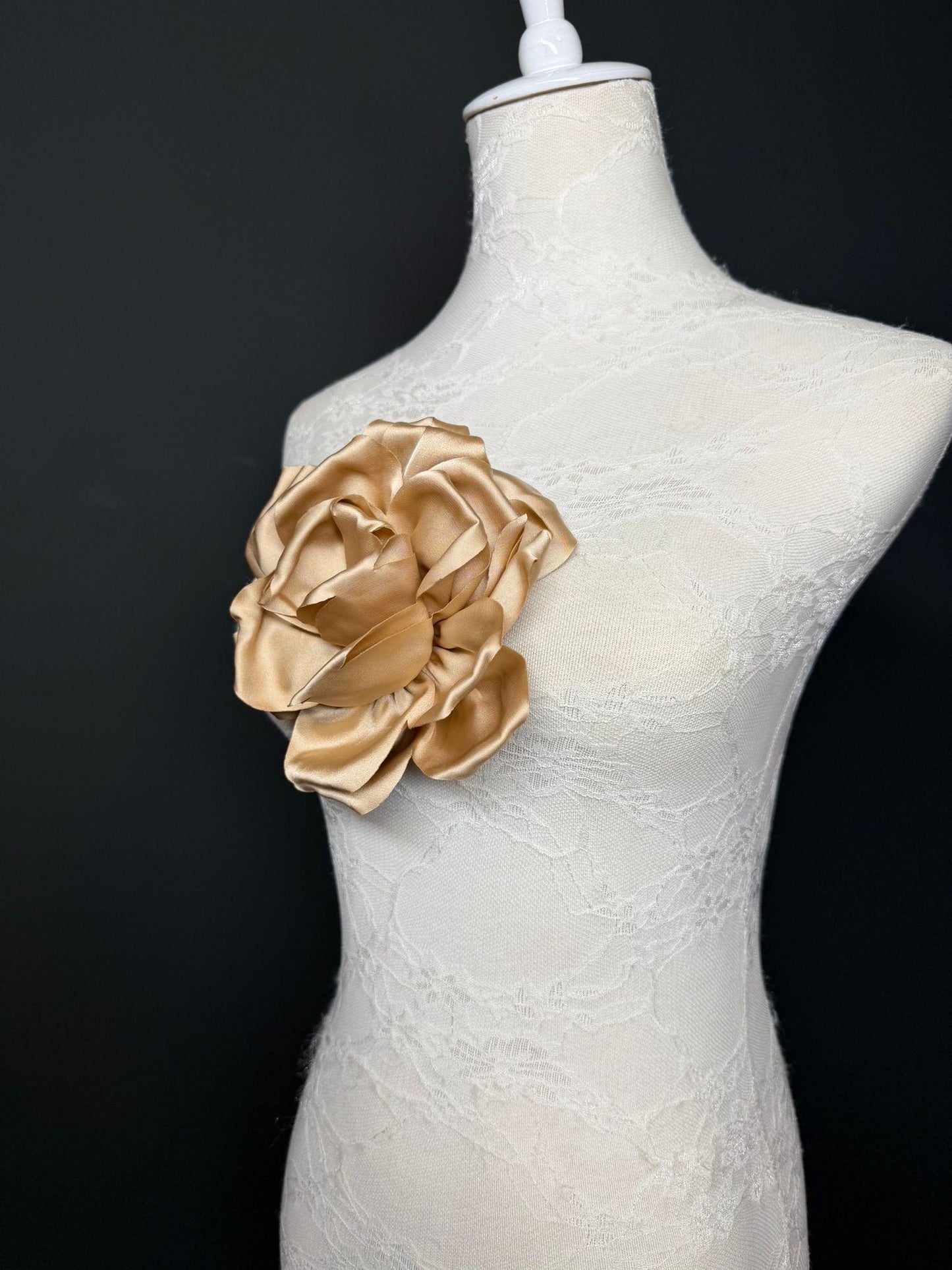 Light Gold Handmade Satin Corsage Flower, Pin-On Brooch (6" Wide)