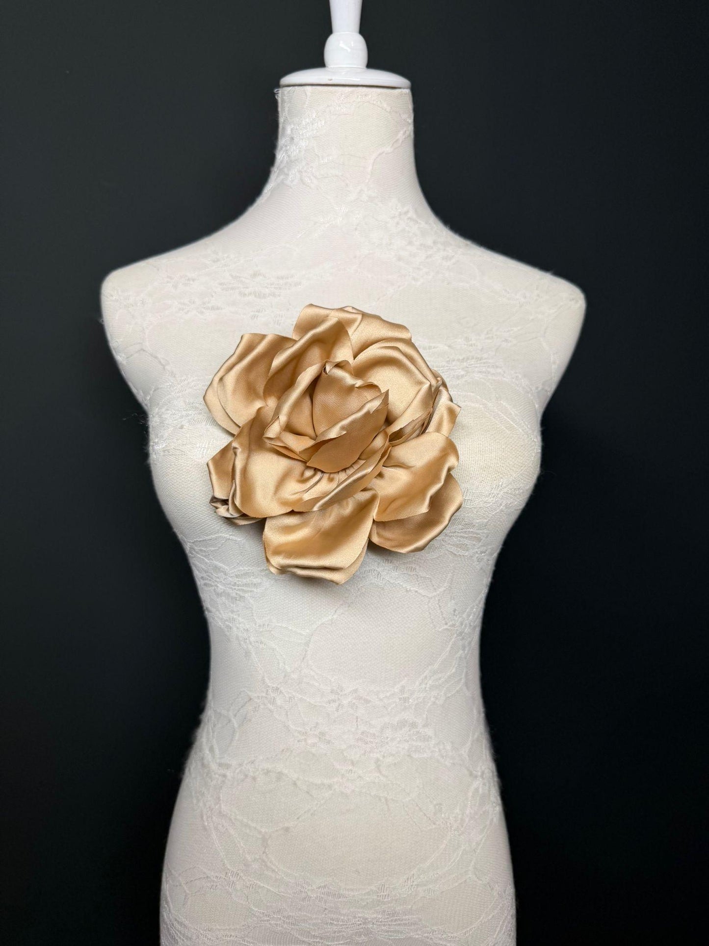 Light Gold Handmade Satin Corsage Flower, Pin-On Brooch (6" Wide)