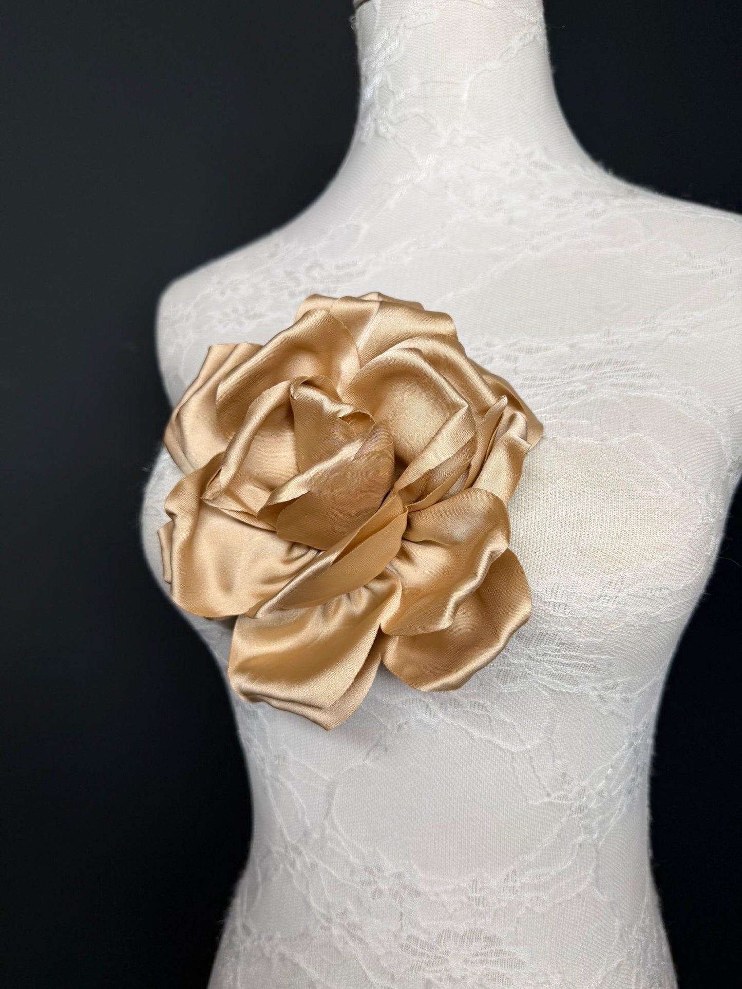 Light Gold Handmade Satin Corsage Flower, Pin-On Brooch (6" Wide)