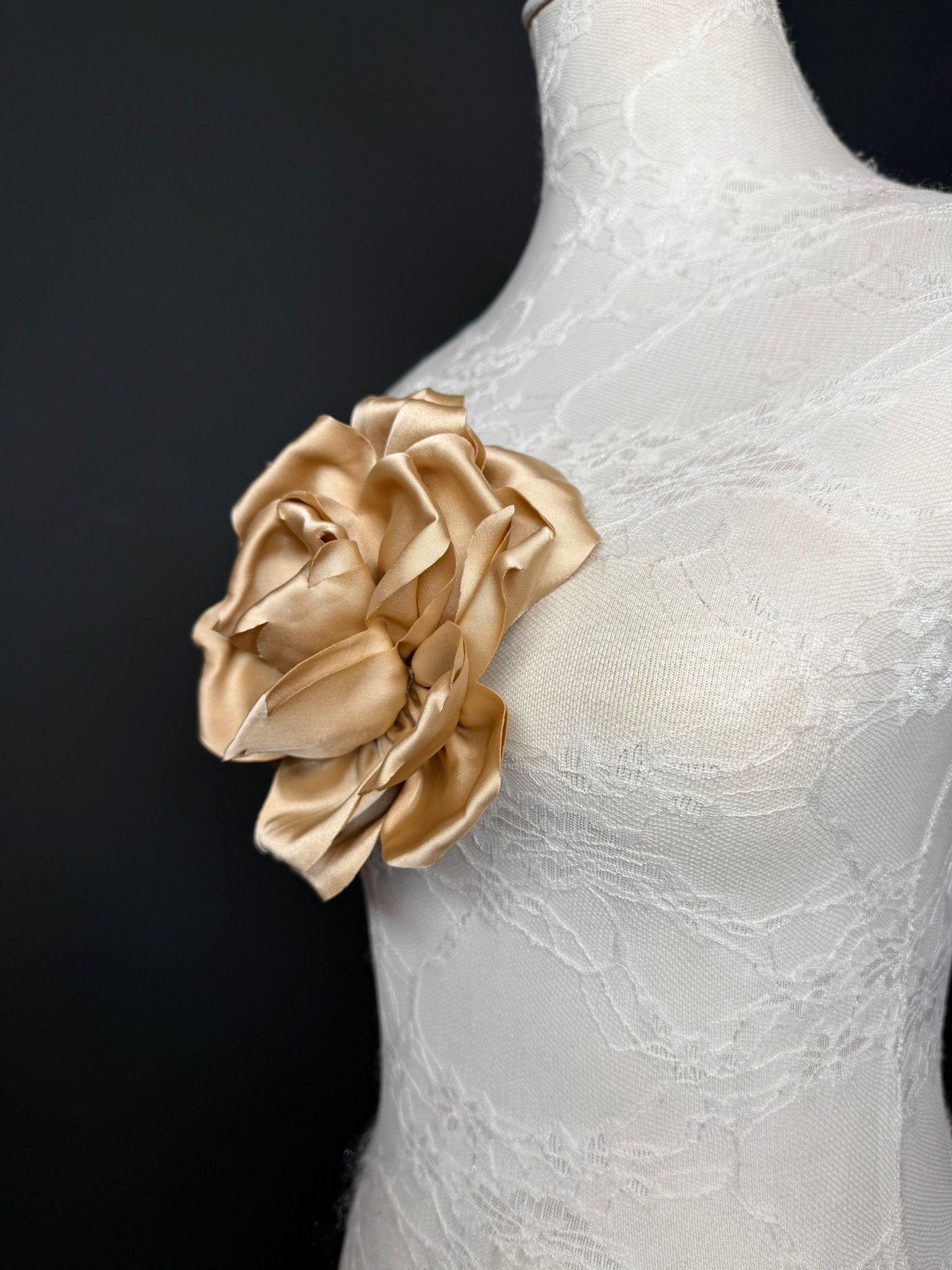 Light Gold Handmade Satin Corsage Flower, Pin-On Brooch (6" Wide)