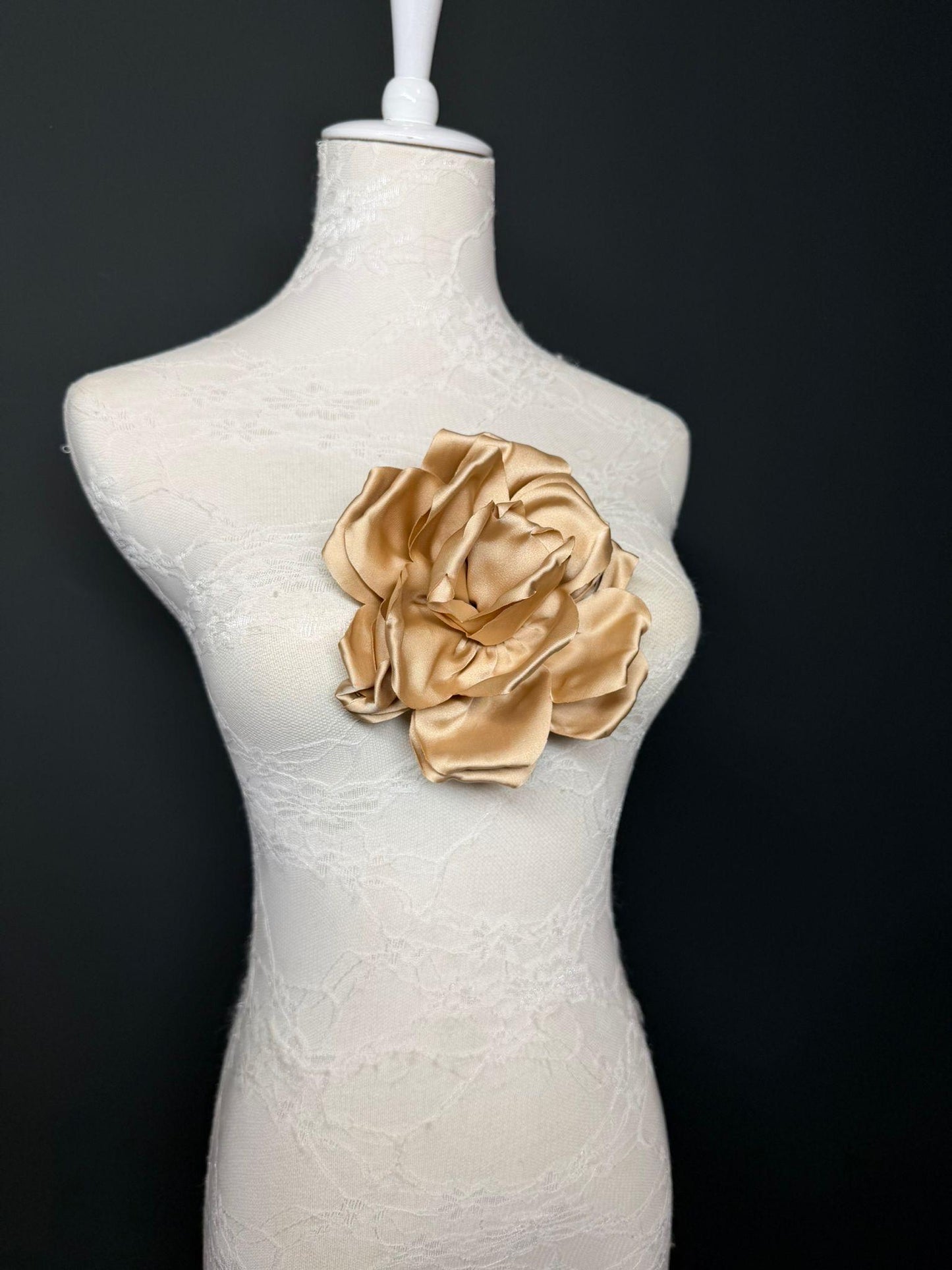 Light Gold Handmade Satin Corsage Flower, Pin-On Brooch (6" Wide)