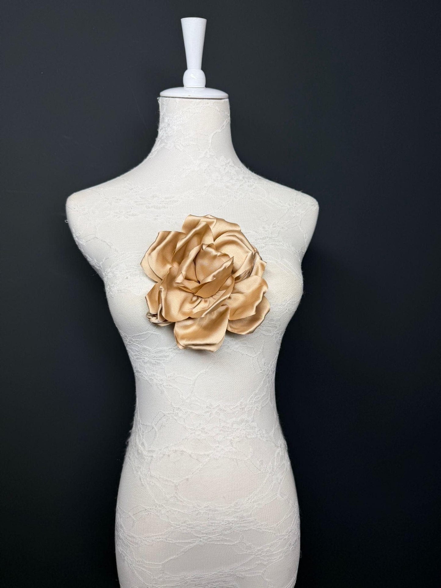 Light Gold Handmade Satin Corsage Flower, Pin-On Brooch (6" Wide)