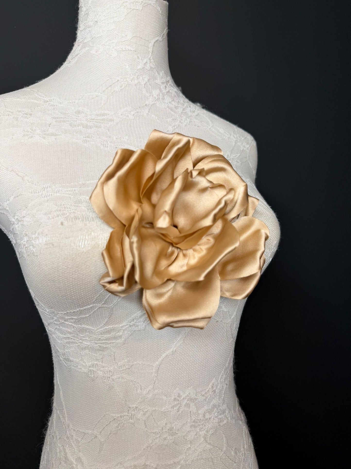 Light Gold Handmade Satin Corsage Flower, Pin-On Brooch (6" Wide)