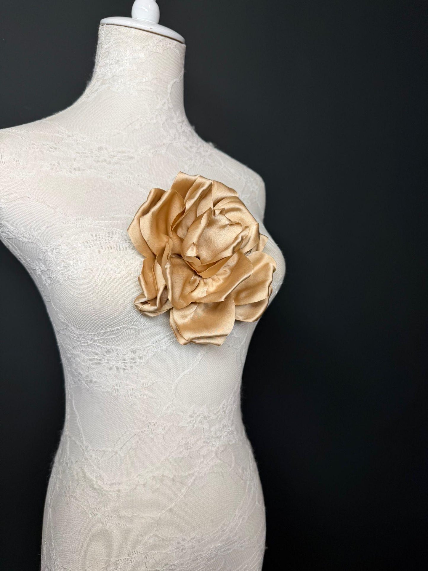 Light Gold Handmade Satin Corsage Flower, Pin-On Brooch (6" Wide)