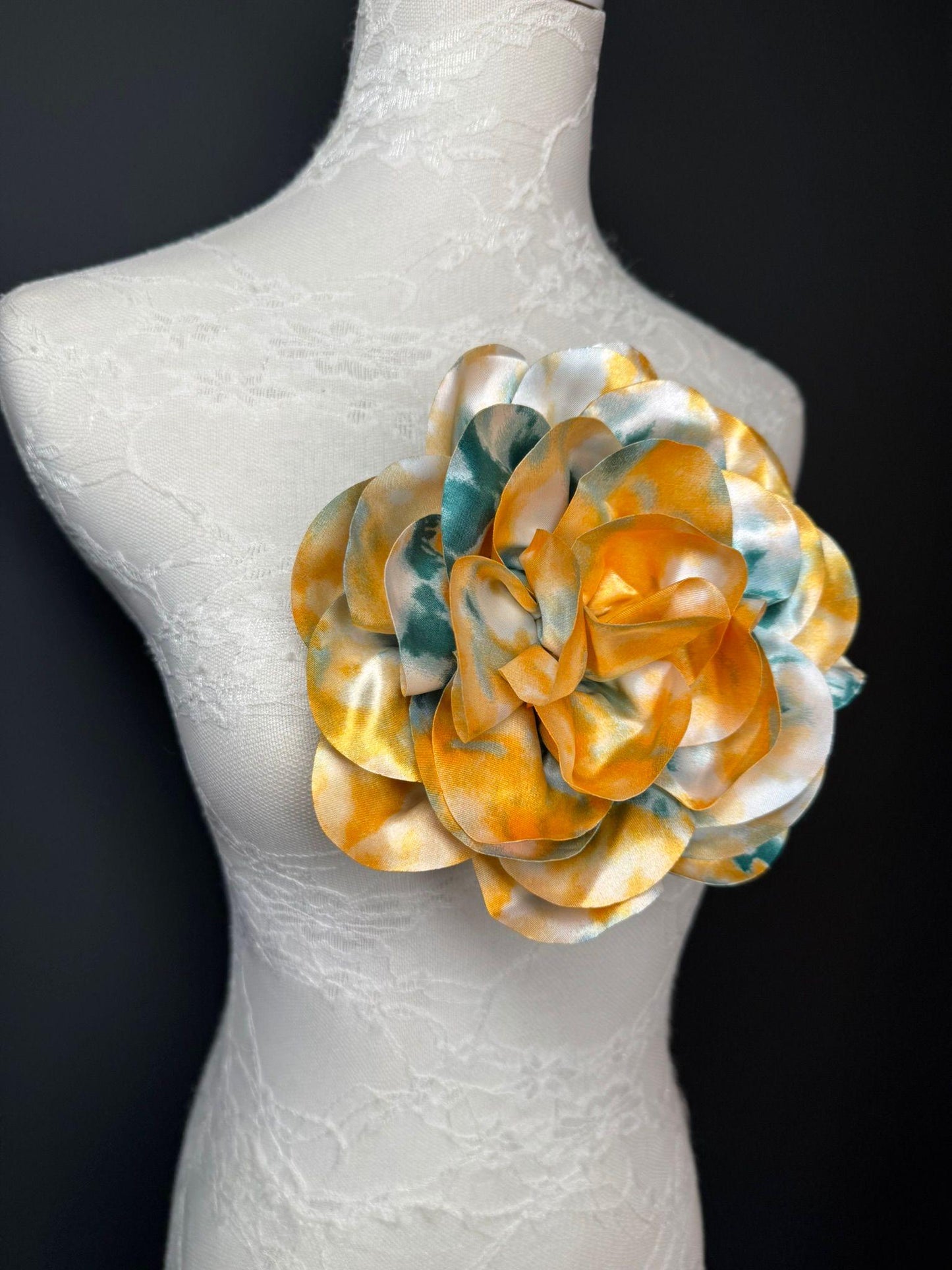 Large Satin Corsage Flower, Handmade 3D Floral Pin, 8", 20cm, 17 Colours