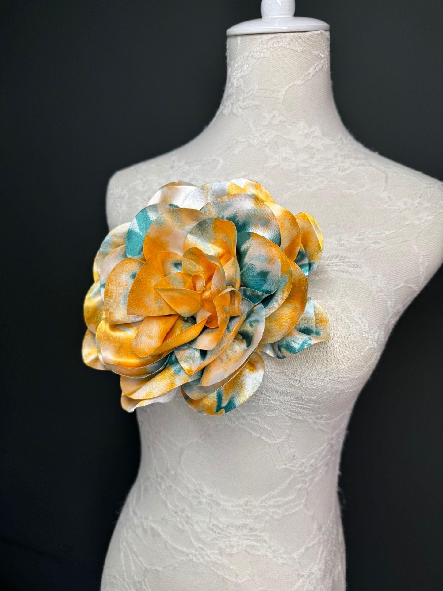 Large Satin Corsage Flower, Handmade 3D Floral Pin, 8", 20cm, 17 Colours