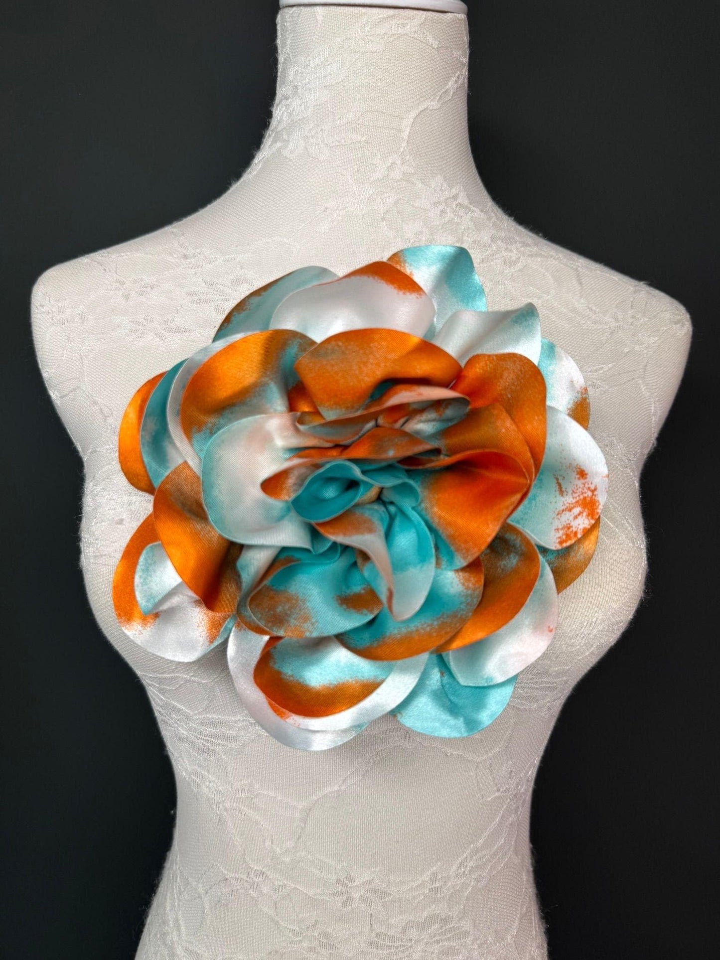 Large Satin Corsage Flower, Handmade 3D Floral Pin, 8", 20cm, 17 Colours