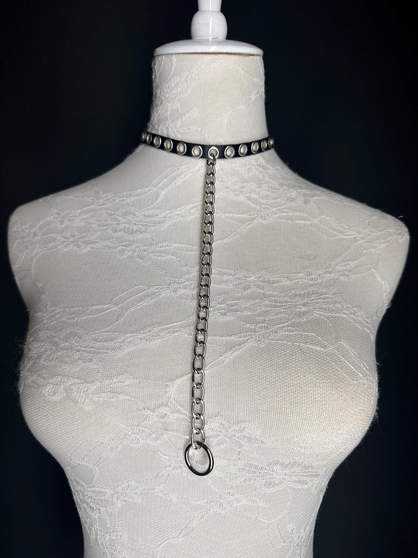 Eyelet Vegan Leather Choker with Ring Chain - Handmade Festival Fashion