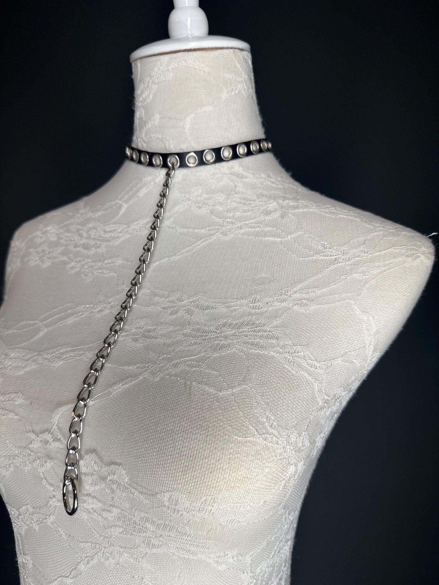 Eyelet Vegan Leather Choker with Ring Chain - Handmade Festival Fashion