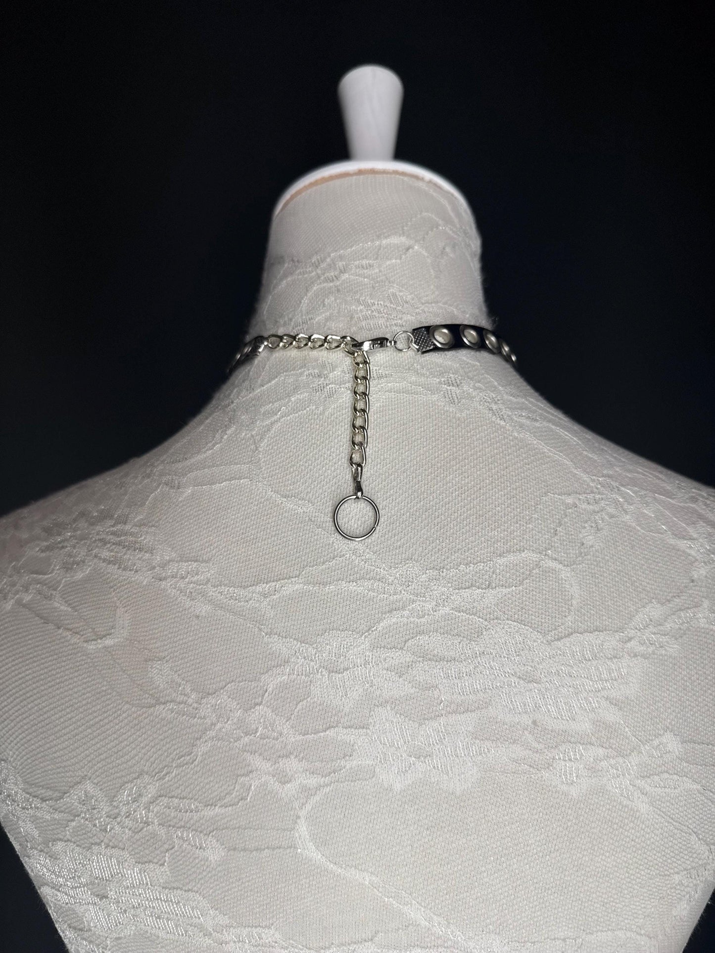 Eyelet Vegan Leather Choker with Ring Chain - Handmade Festival Fashion