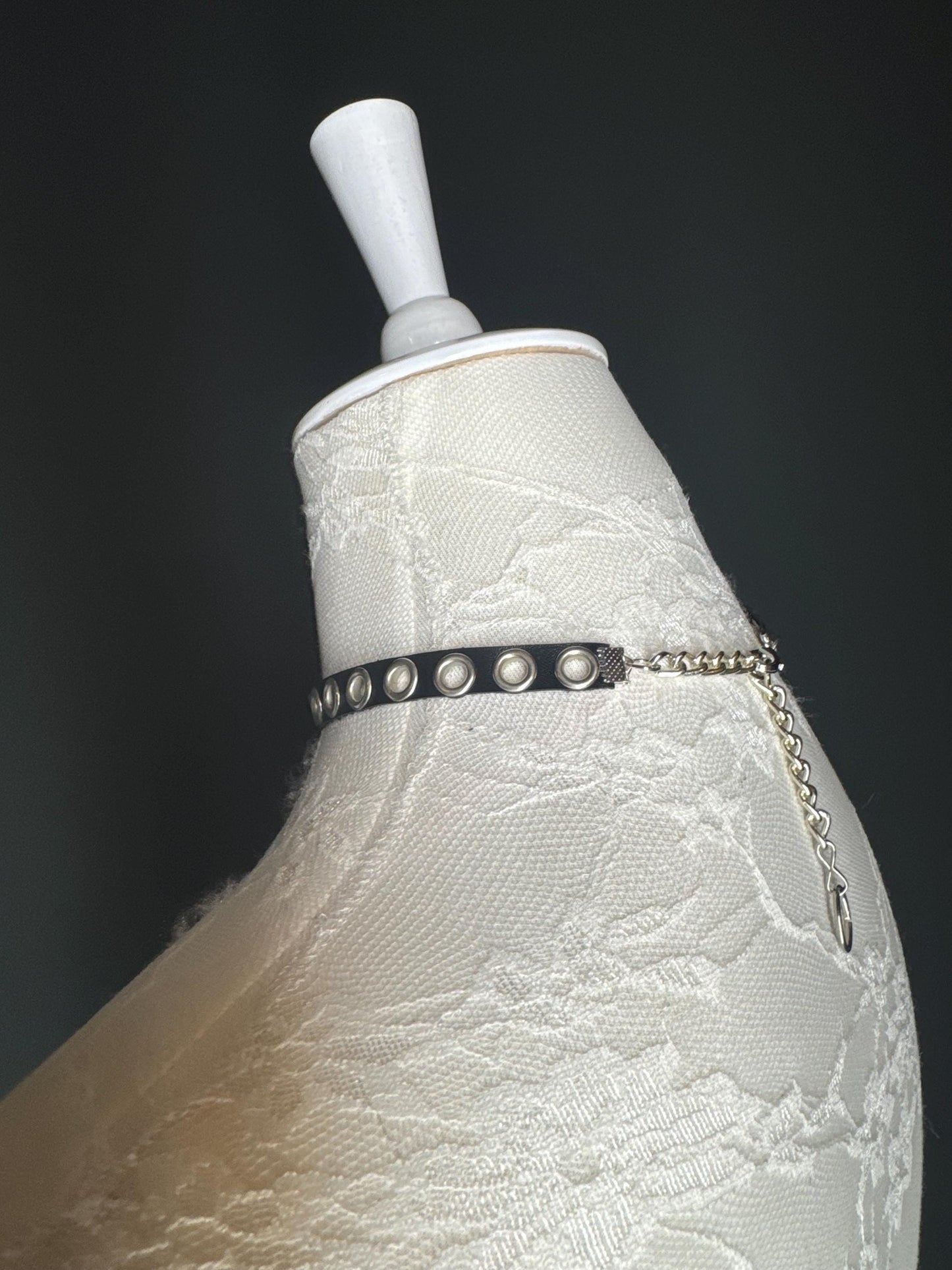 Eyelet Vegan Leather Choker with Ring Chain - Handmade Festival Fashion