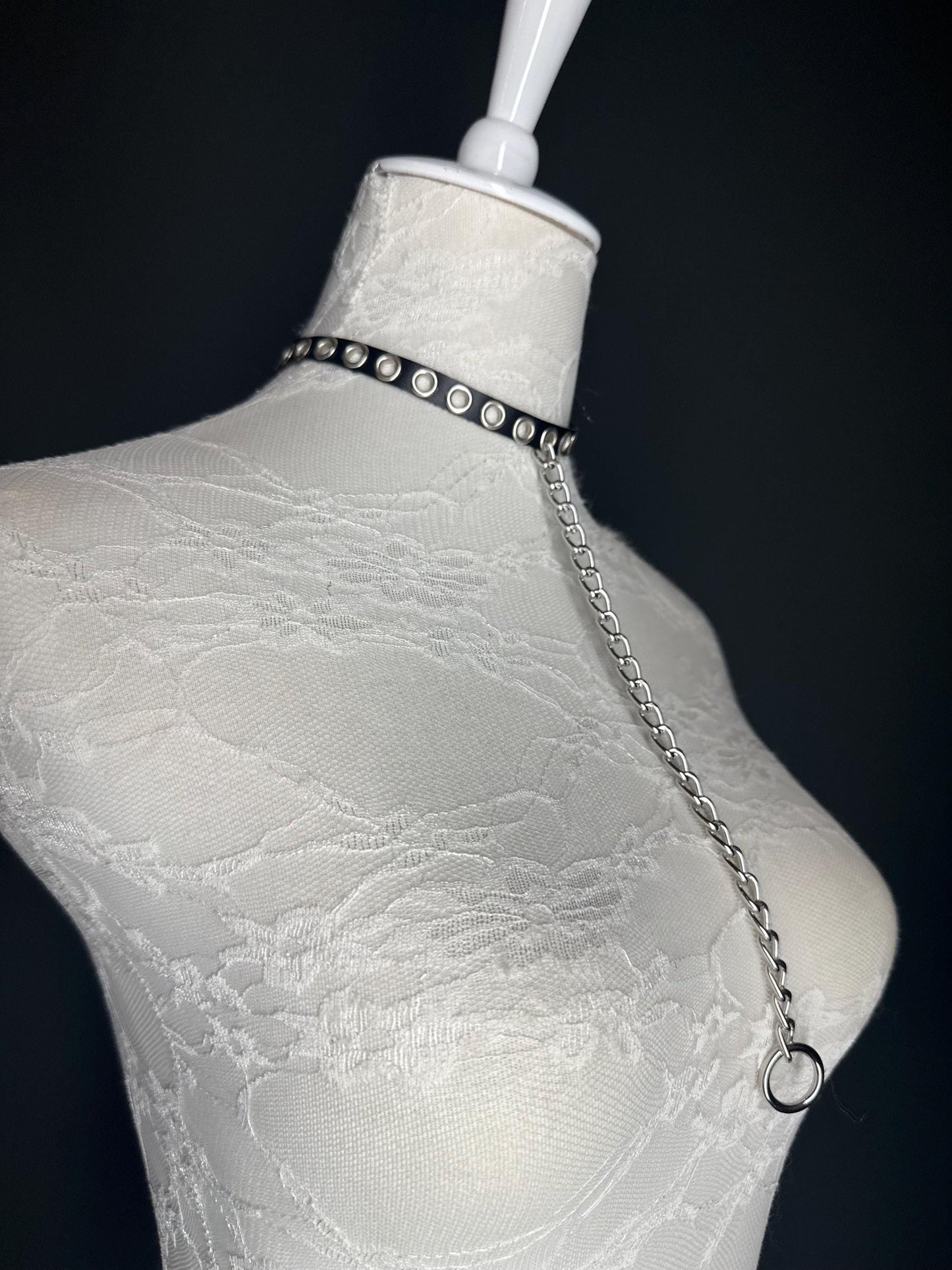 Eyelet Vegan Leather Choker with Ring Chain - Handmade Festival Fashion