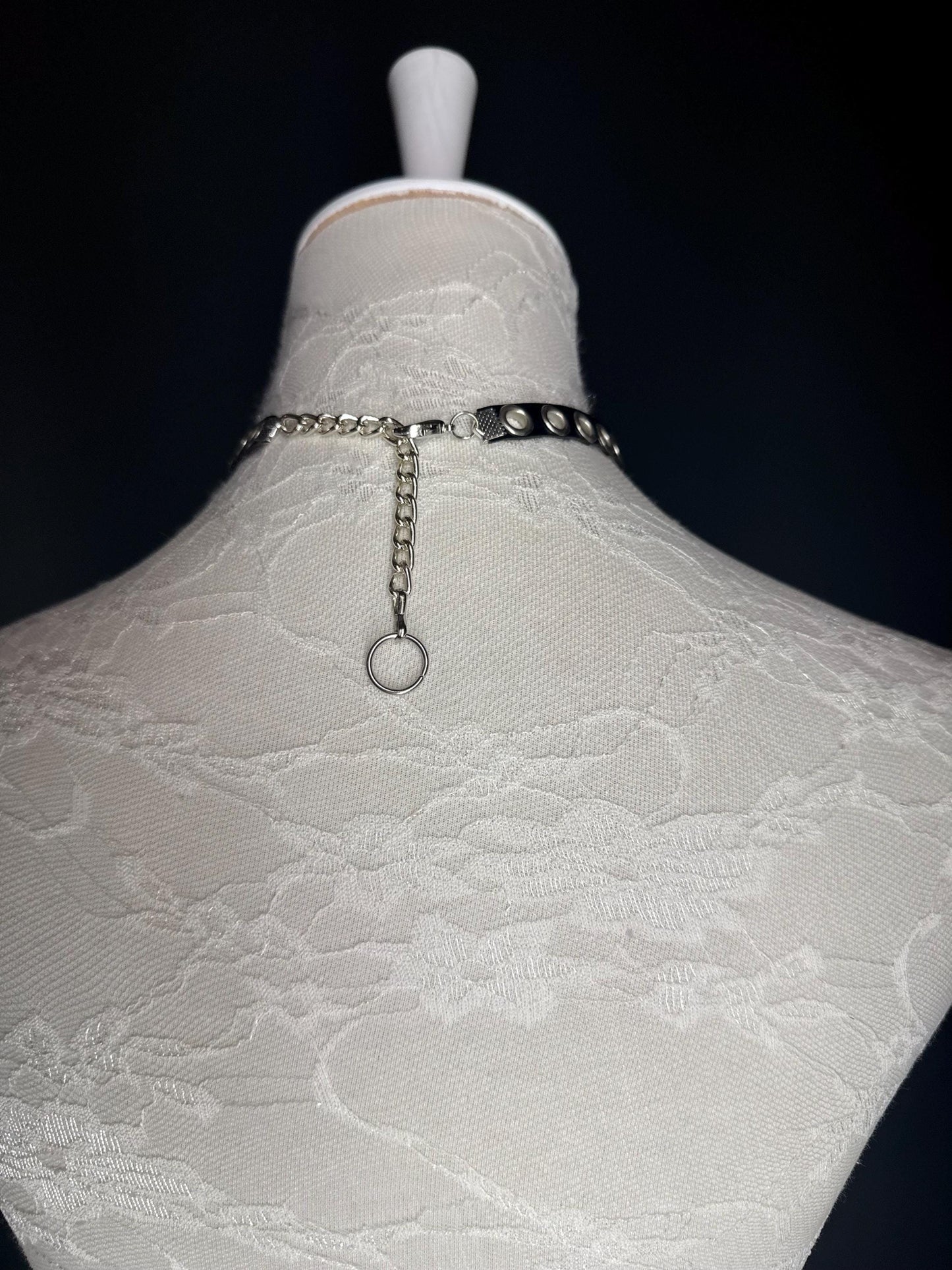 Eyelet Vegan Leather Choker with Ring Chain - Handmade Festival Fashion