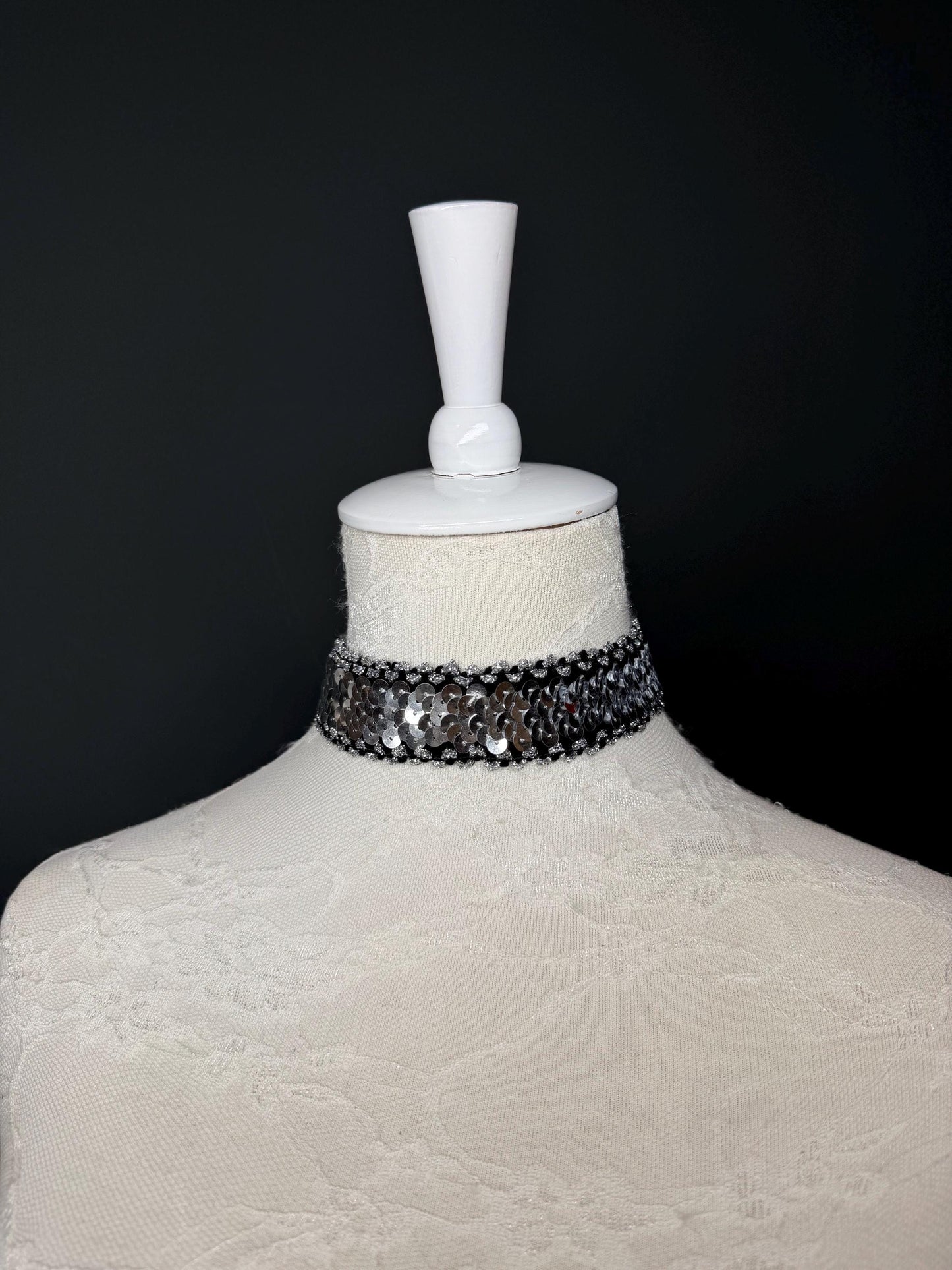 Sequins Choker, Silver & Black, Handmade Necklace