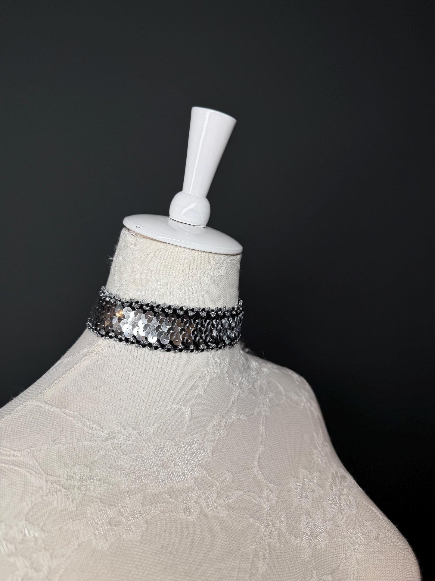 Sequins Choker, Silver & Black, Handmade Necklace