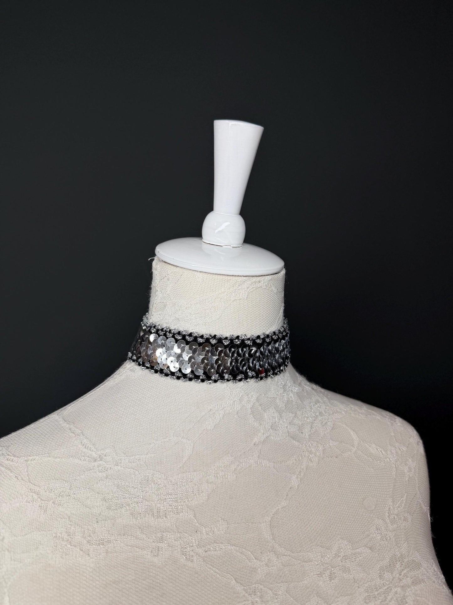 Sequins Choker, Silver & Black, Handmade Necklace