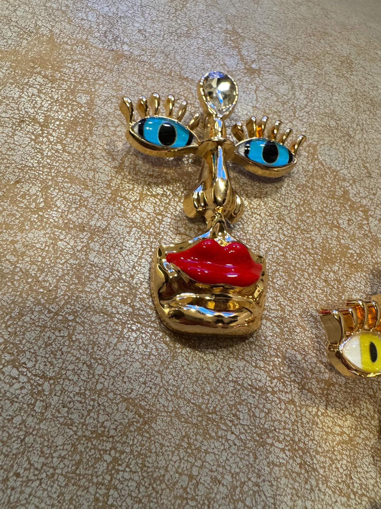 Surrealist Lips Nose Evil Eyes, 3” Brooch, Metal Face Brooch, Fashionable Brooch, Unique, Pin on Brooch, Brooch, Gold, Face Brooch, Gift