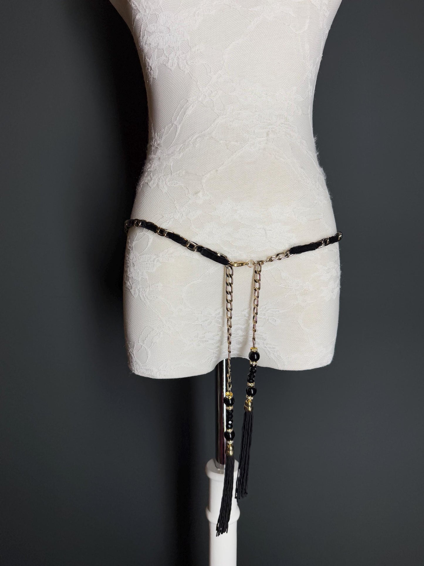 Velvet Chain Belt, Gold Metal Chain Belt, Size 28”-44”, Fan Design, Fan Collection, Gold, Metal belt, Fashion Accessory