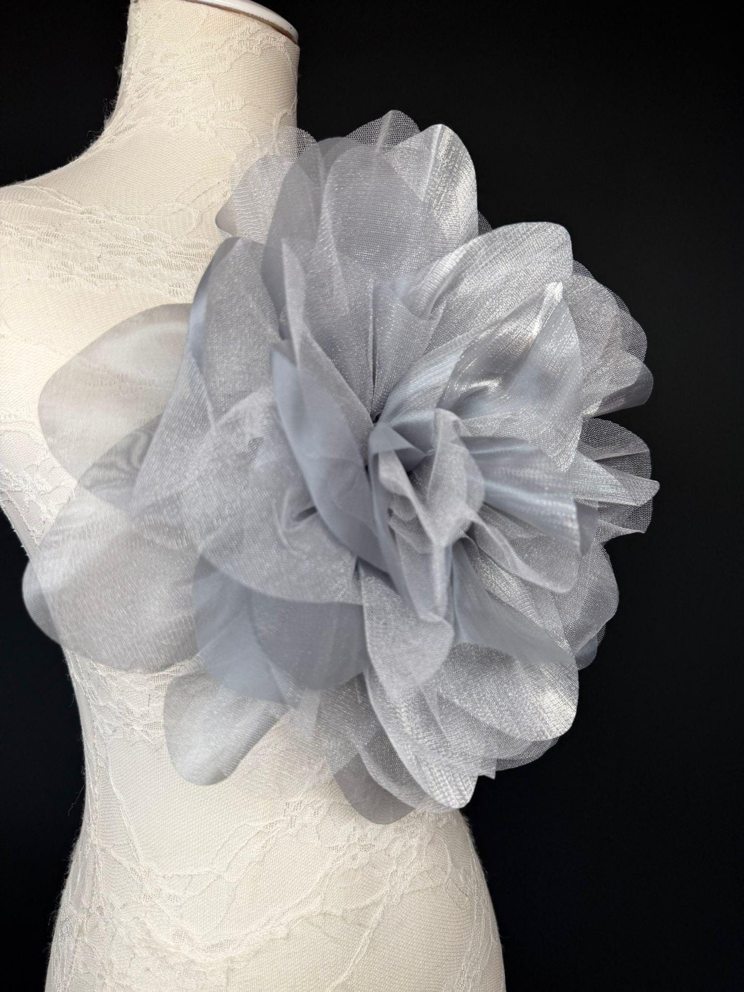 Oversized Large Organza Corsage Flower, Silver Grey, 5 colours, 11”, 27cm