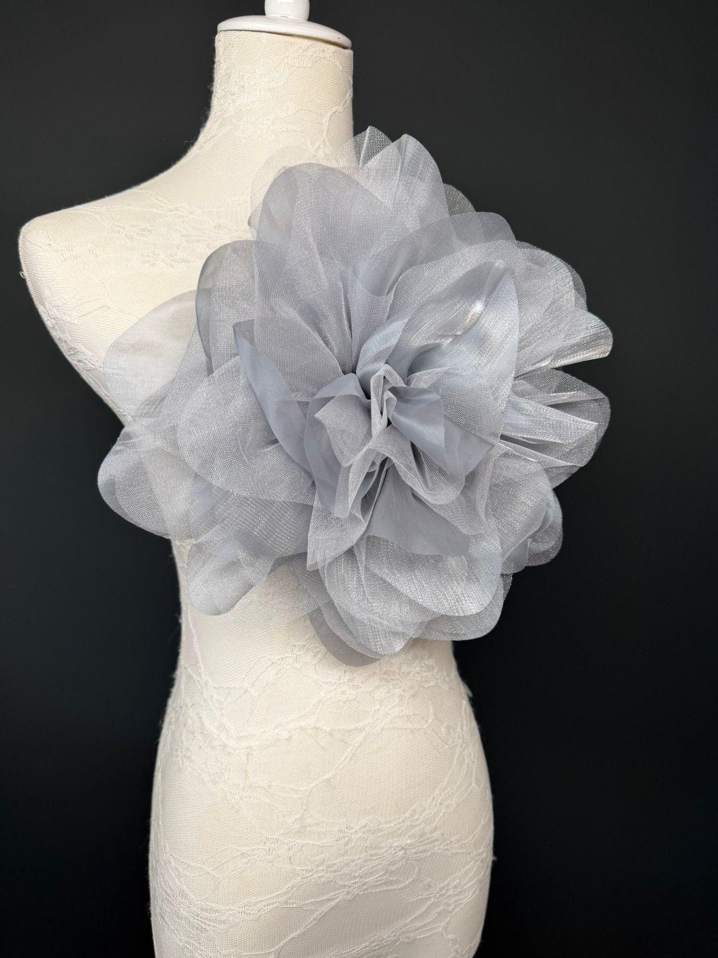 Oversized Large Organza Corsage Flower, Silver Grey, 5 colours, 11”, 27cm