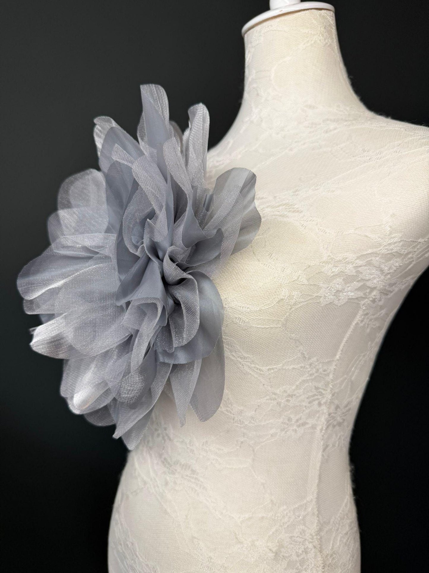 Oversized Large Organza Corsage Flower, Silver Grey, 5 colours, 11”, 27cm