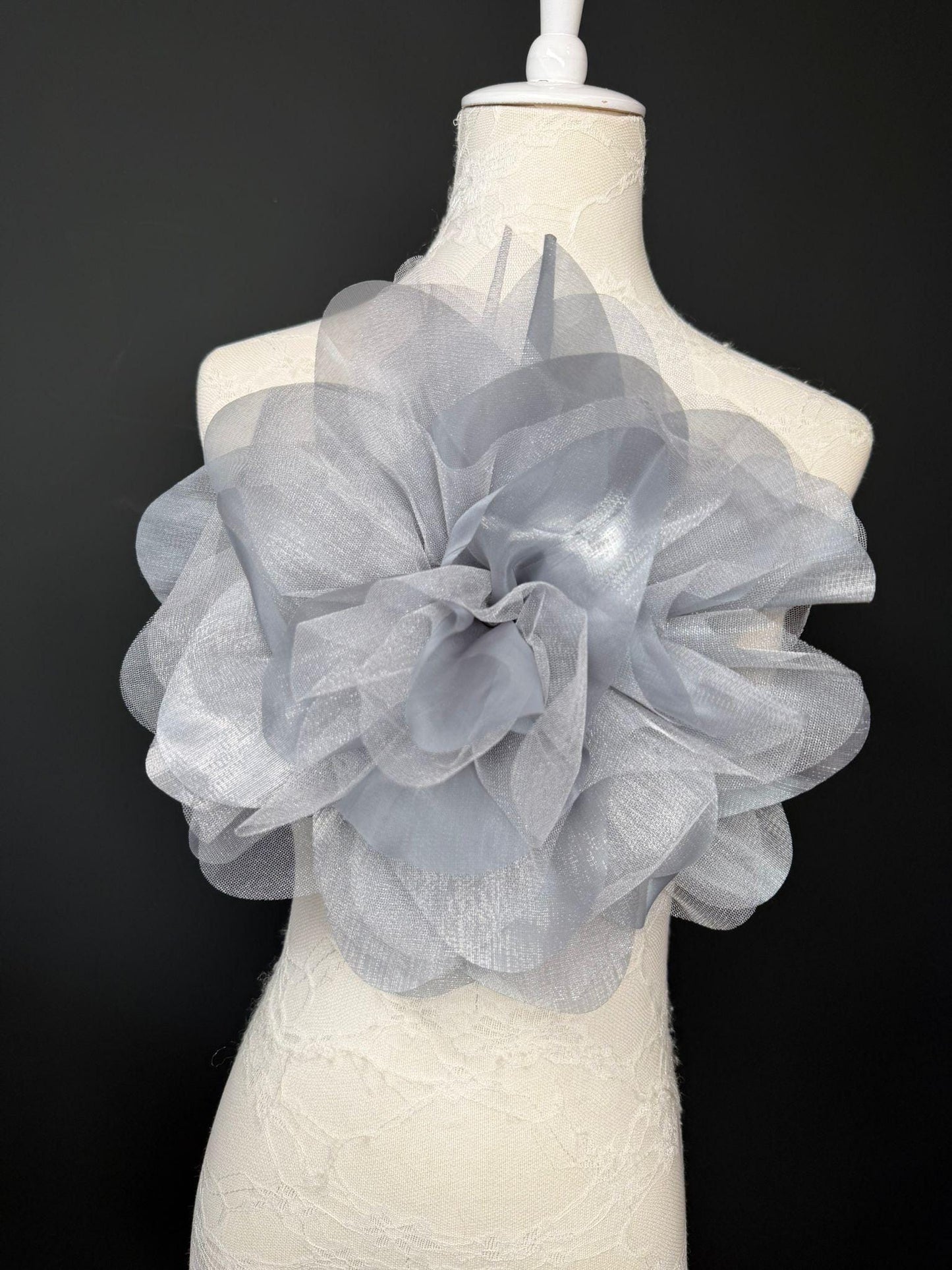 Oversized Large Organza Corsage Flower, Silver Grey, 5 colours, 11”, 27cm