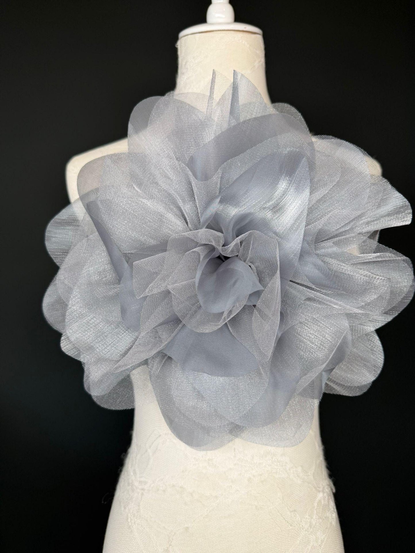 Oversized Large Organza Corsage Flower, Silver Grey, 5 colours, 11”, 27cm