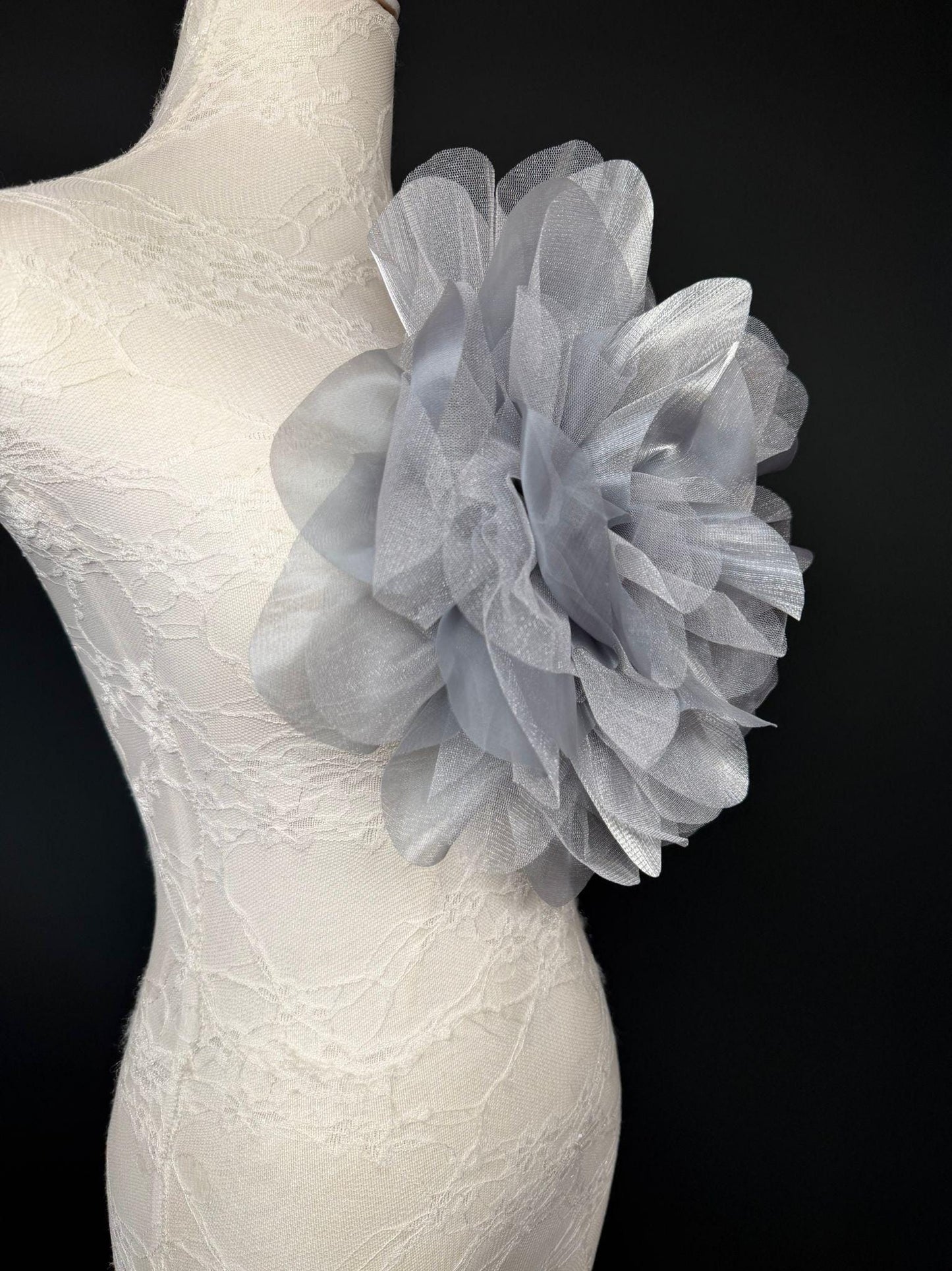 Oversized Large Organza Corsage Flower, Silver Grey, 5 colours, 11”, 27cm