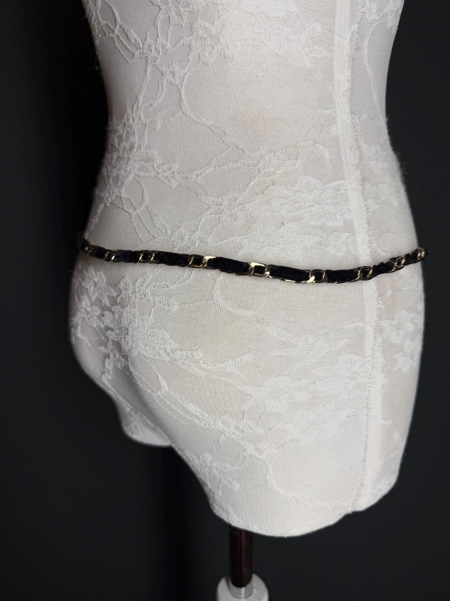 Velvet Chain Belt, Gold Metal Chain Belt, Size 28”-44”, Fan Design, Fan Collection, Gold, Metal belt, Fashion Accessory