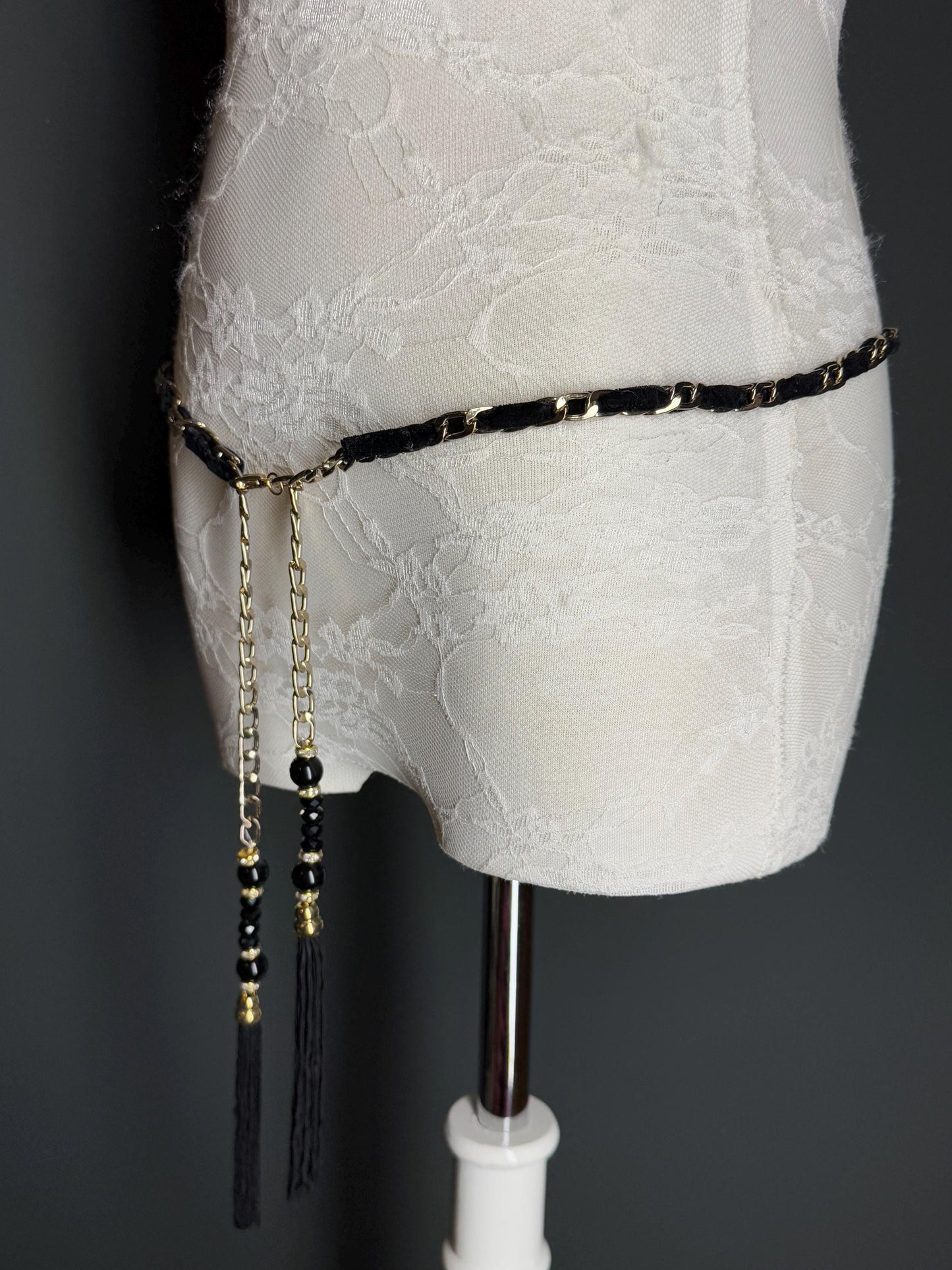 Velvet Chain Belt, Gold Metal Chain Belt, Size 28”-44”, Fan Design, Fan Collection, Gold, Metal belt, Fashion Accessory