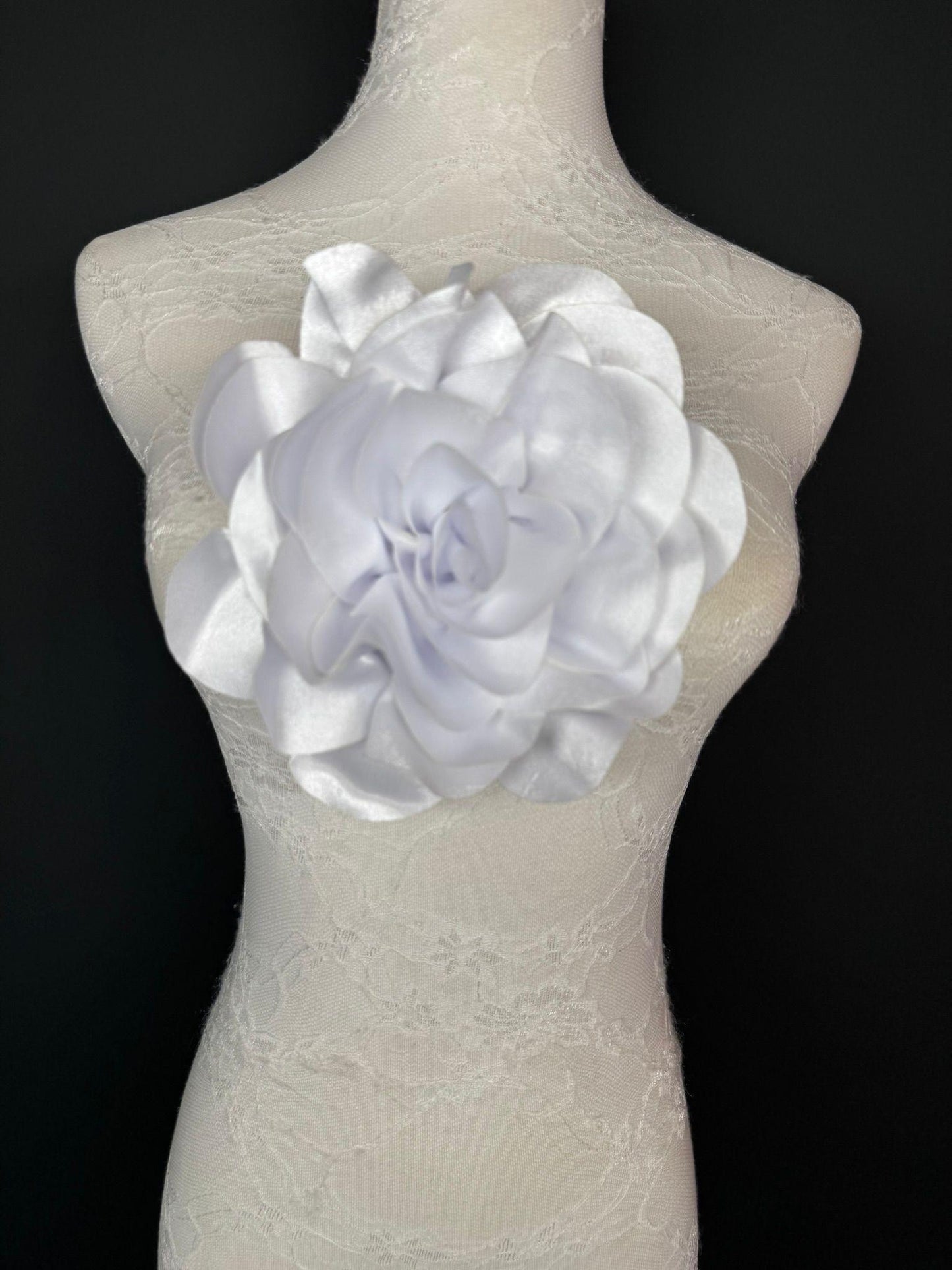 Large 3D Corsage Flower, Luxurious Satin Fabric, 12 Colours, 20cm, 8” Wide, Pin on, Bridal, Dress, Hair, Wedding, Race Day, White