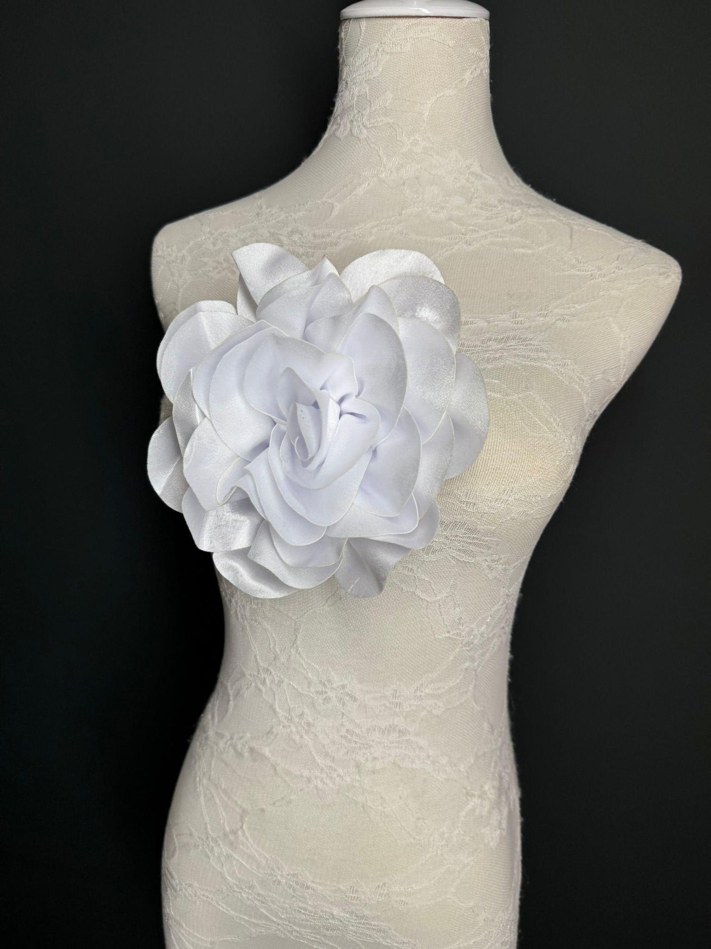 Large 3D Corsage Flower, Luxurious Satin Fabric, 12 Colours, 20cm, 8” Wide, Pin on, Bridal, Dress, Hair, Wedding, Race Day, White