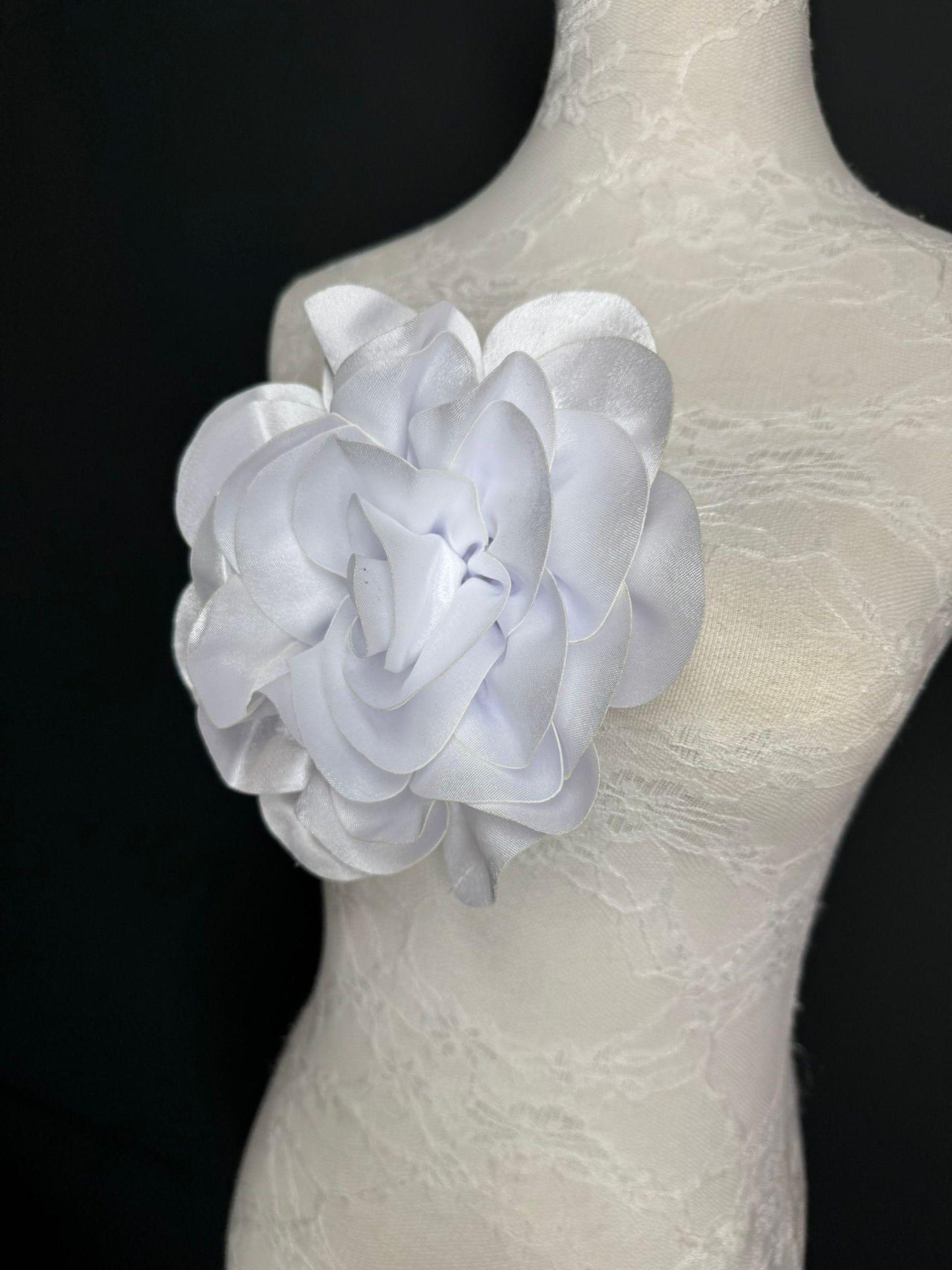 Large 3D Corsage Flower, Luxurious Satin Fabric, 12 Colours, 20cm, 8” Wide, Pin on, Bridal, Dress, Hair, Wedding, Race Day, White