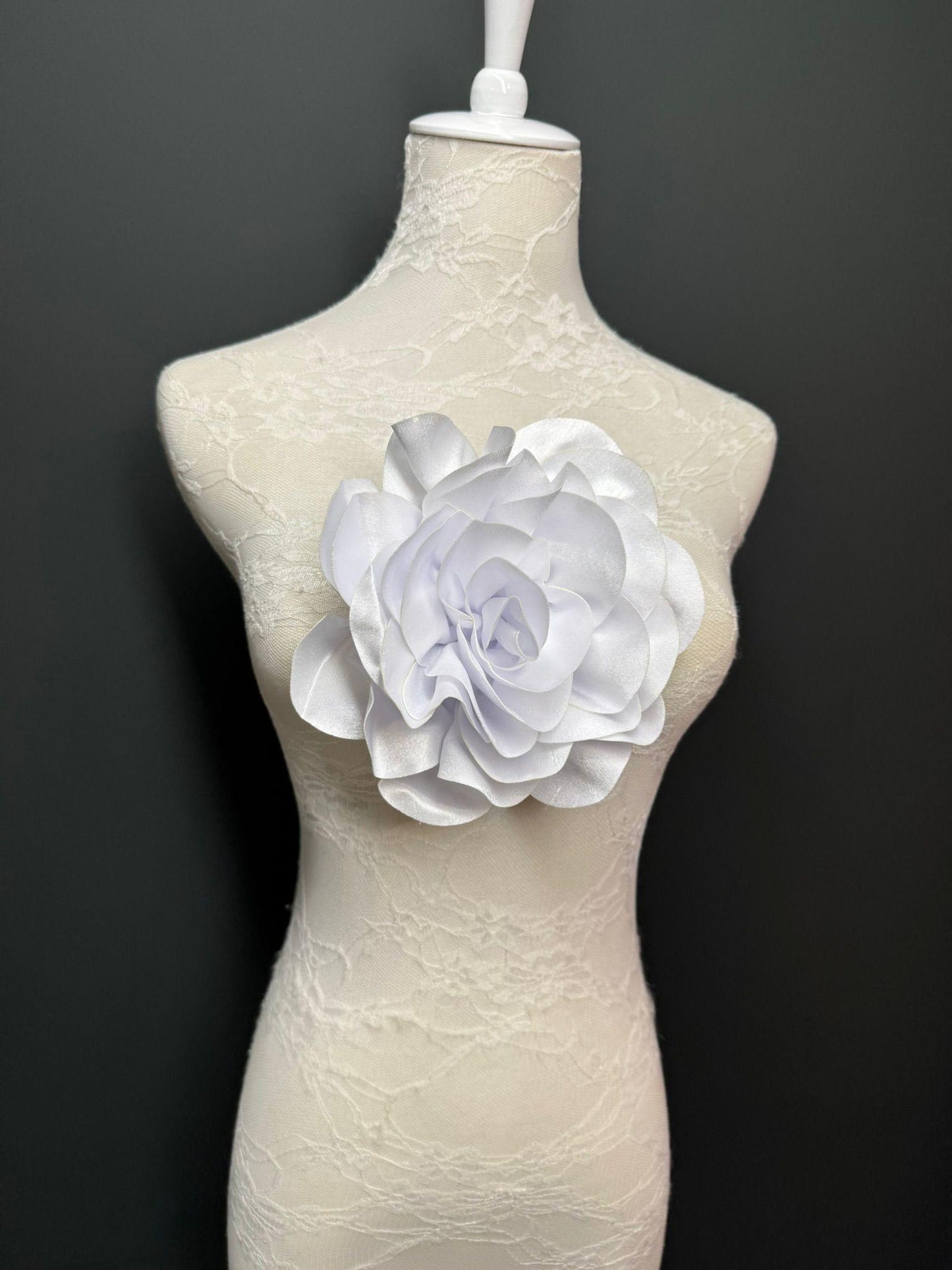 Large 3D Corsage Flower, Luxurious Satin Fabric, 12 Colours, 20cm, 8” Wide, Pin on, Bridal, Dress, Hair, Wedding, Race Day, White