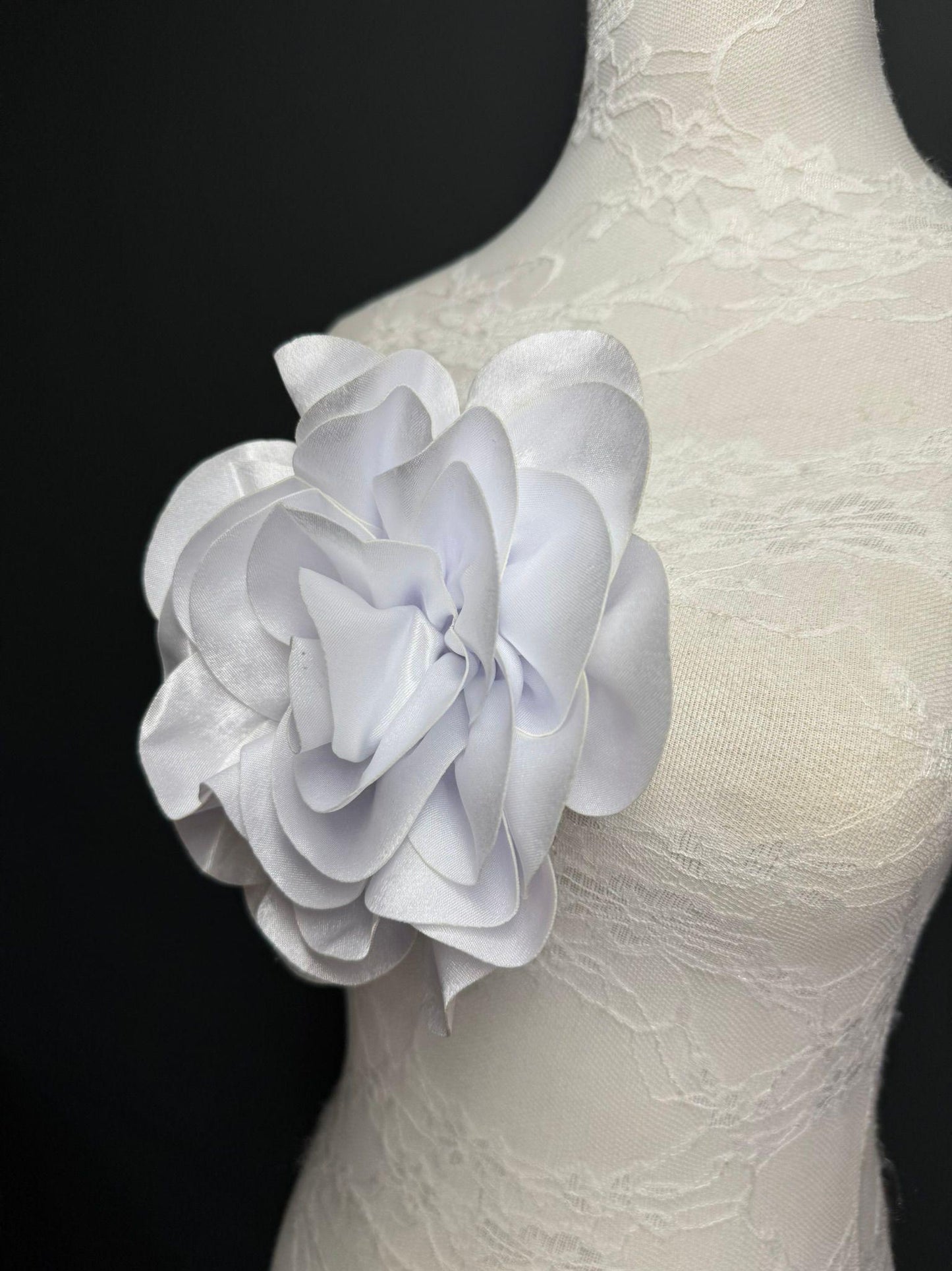 Large 3D Corsage Flower, Luxurious Satin Fabric, 12 Colours, 20cm, 8” Wide, Pin on, Bridal, Dress, Hair, Wedding, Race Day, White