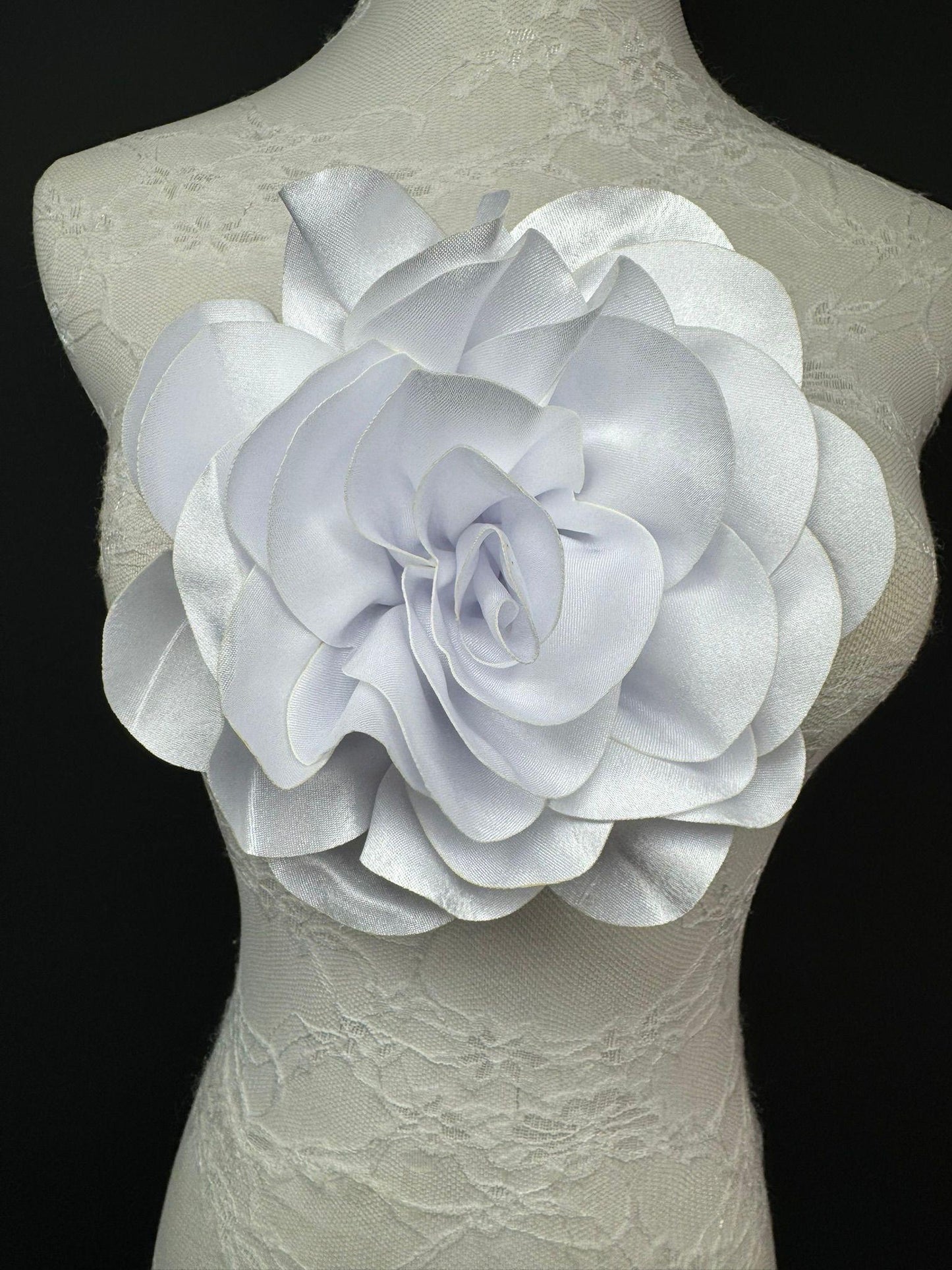 Large 3D Corsage Flower, Luxurious Satin Fabric, 12 Colours, 20cm, 8” Wide, Pin on, Bridal, Dress, Hair, Wedding, Race Day, White