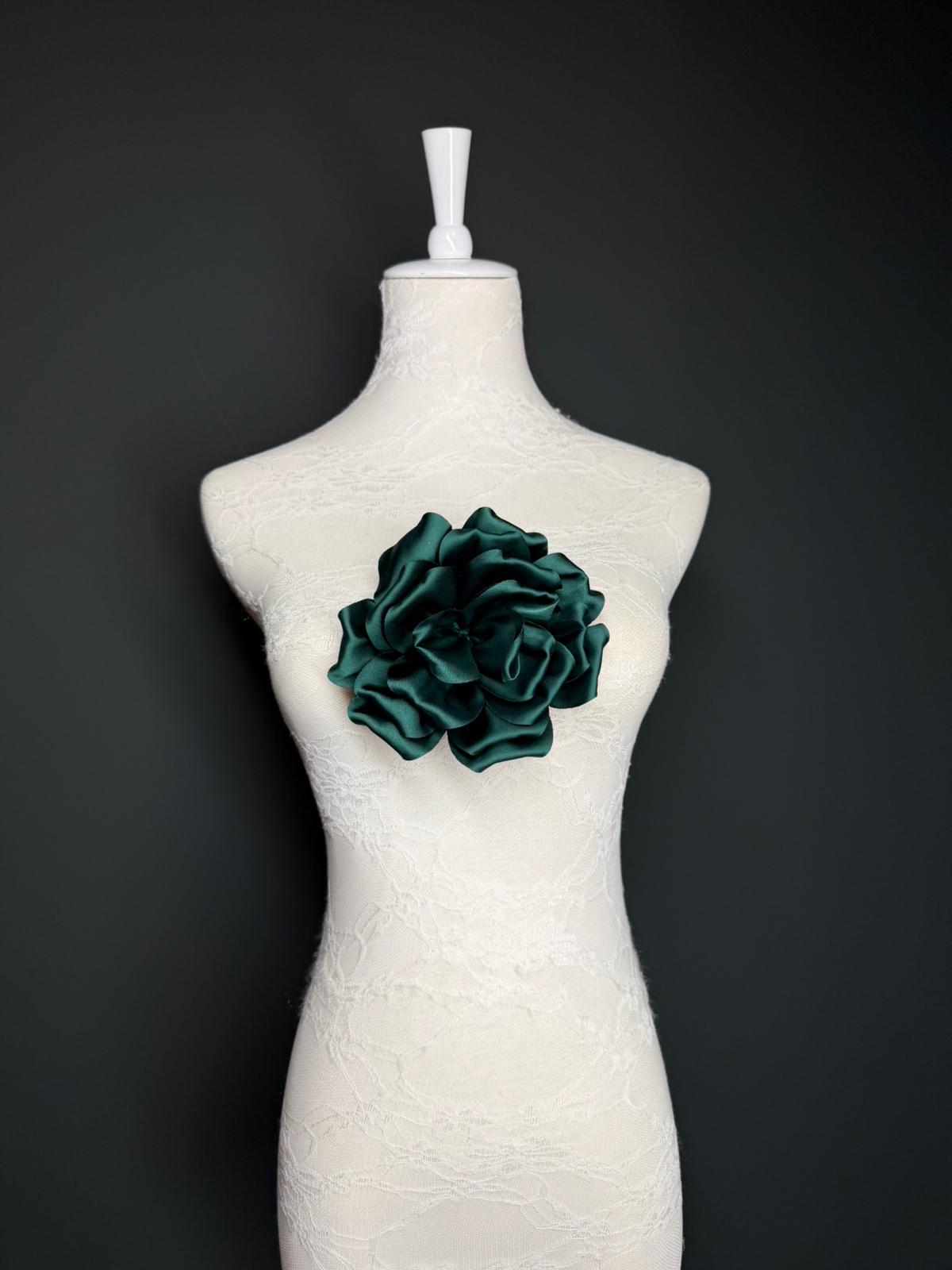 Forest Green Handmade Satin Corsage Flower, Pin-On Brooch (6" Wide)