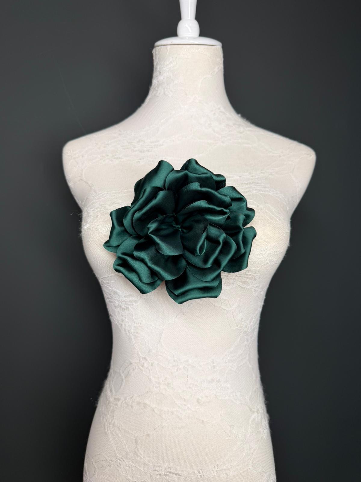 Forest Green Handmade Satin Corsage Flower, Pin-On Brooch (6" Wide)