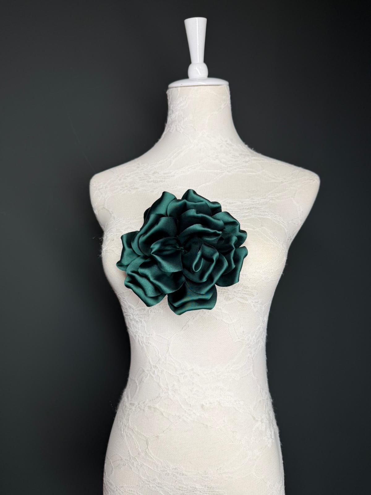 Forest Green Handmade Satin Corsage Flower, Pin-On Brooch (6" Wide)