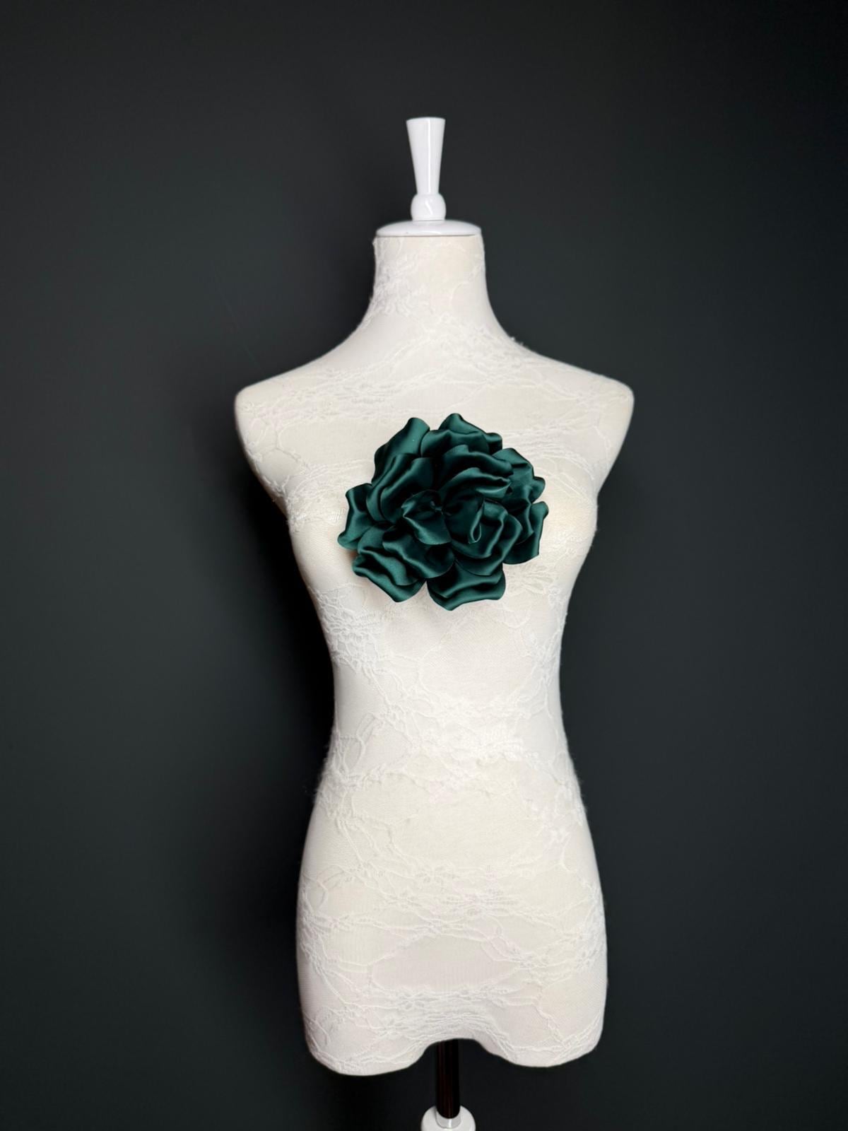 Forest Green Handmade Satin Corsage Flower, Pin-On Brooch (6" Wide)