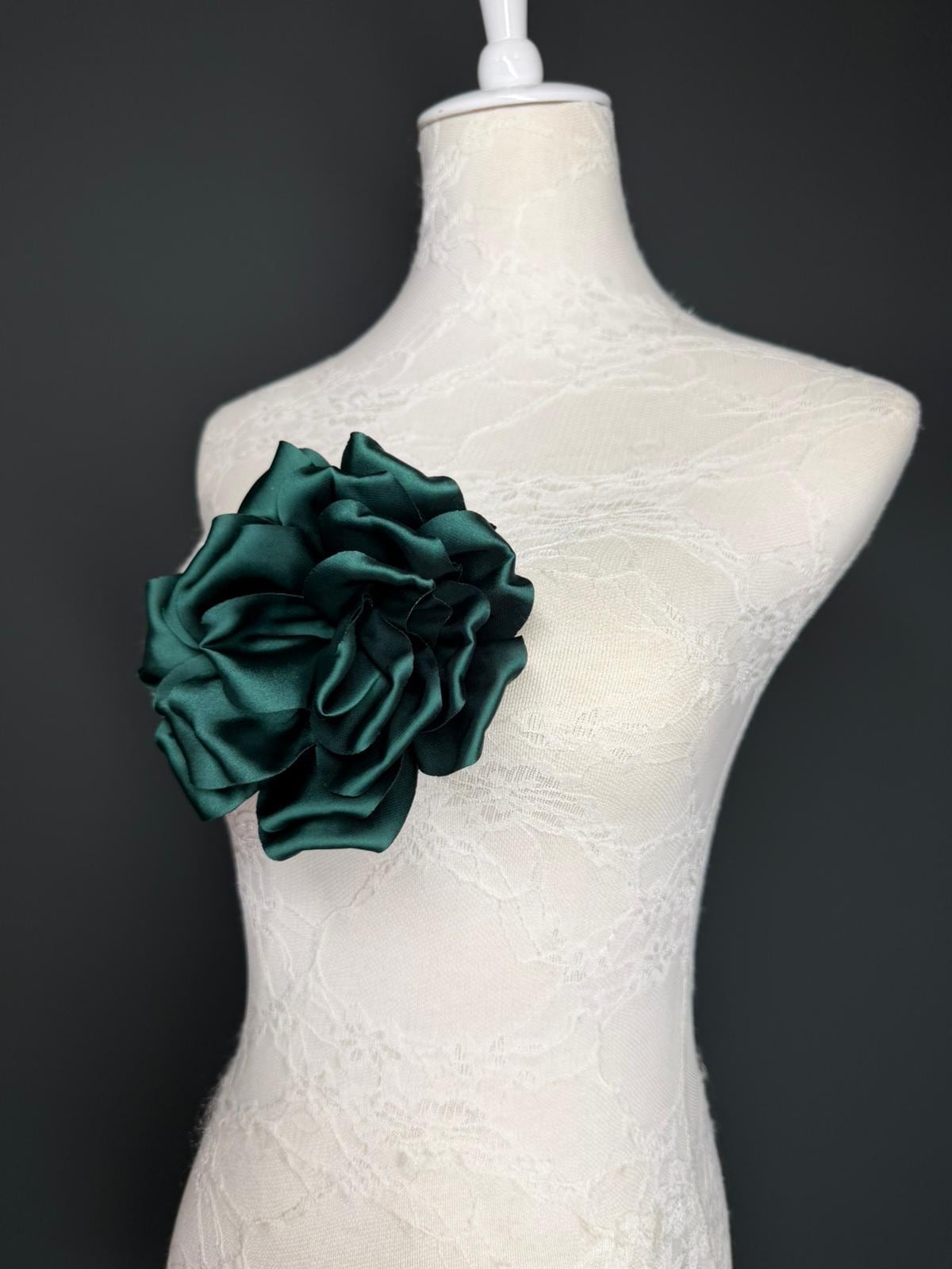Forest Green Handmade Satin Corsage Flower, Pin-On Brooch (6" Wide)