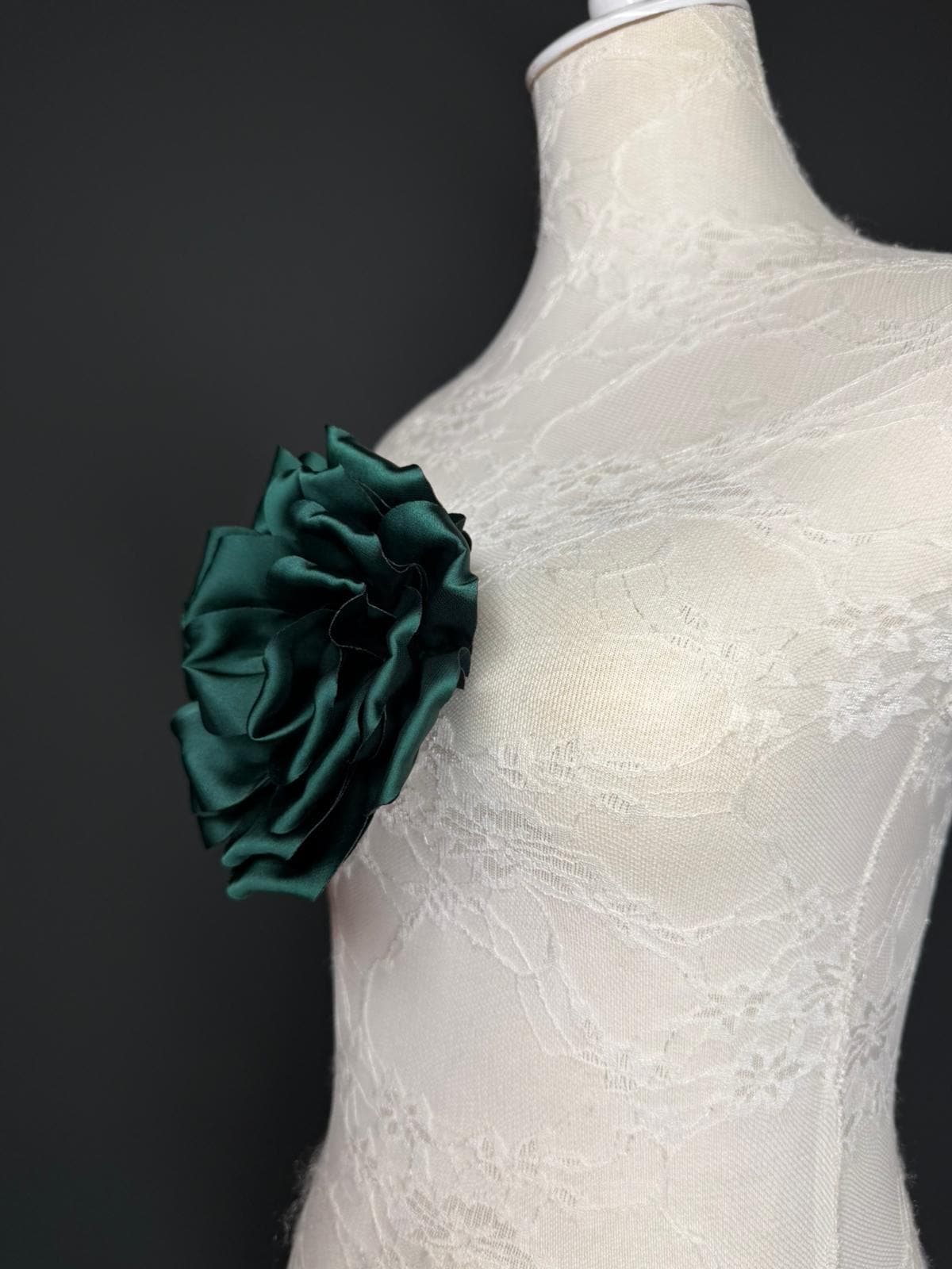 Forest Green Handmade Satin Corsage Flower, Pin-On Brooch (6" Wide)