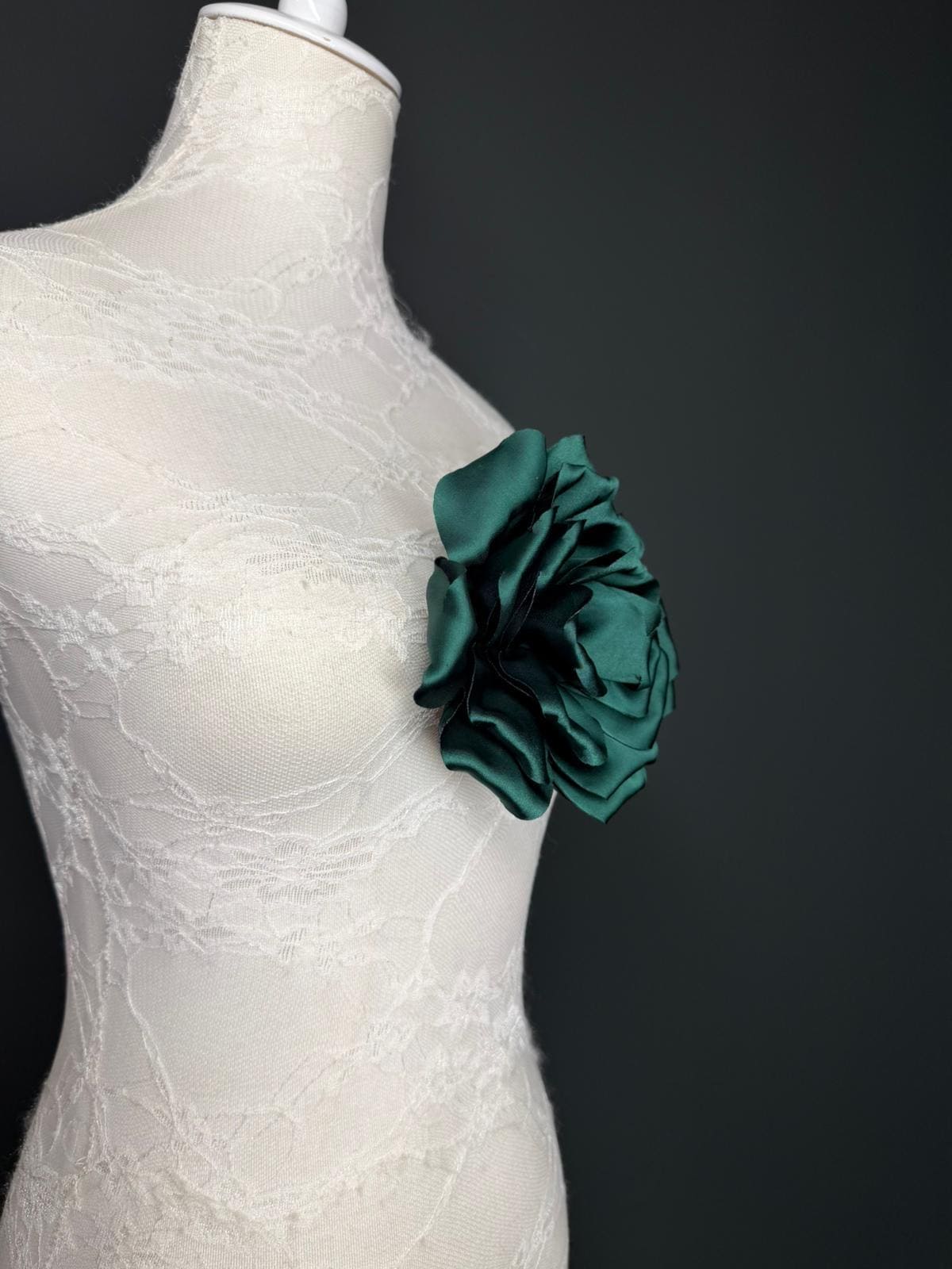 Forest Green Handmade Satin Corsage Flower, Pin-On Brooch (6" Wide)