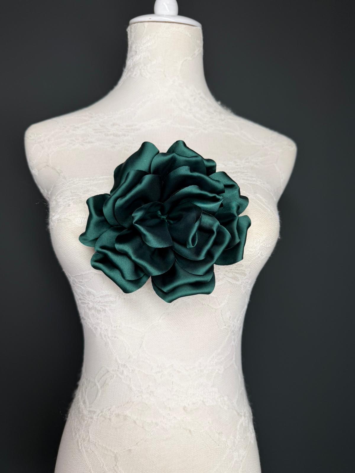 Forest Green Handmade Satin Corsage Flower, Pin-On Brooch (6" Wide)