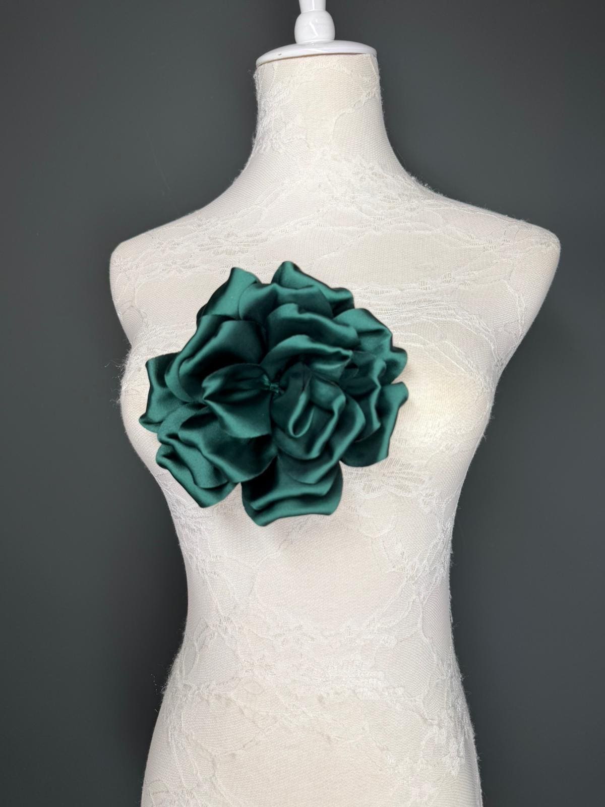 Forest Green Handmade Satin Corsage Flower, Pin-On Brooch (6" Wide)