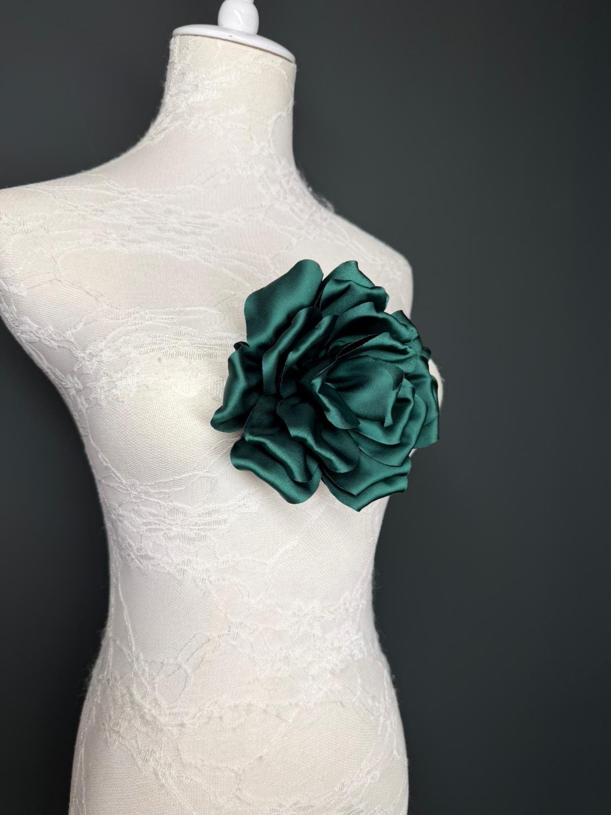 Forest Green Handmade Satin Corsage Flower, Pin-On Brooch (6" Wide)