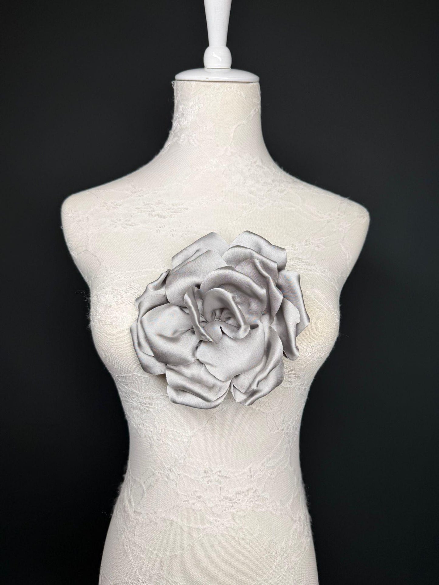 Grey Handmade Satin Corsage Flower, Pin-On Brooch (6" Wide)