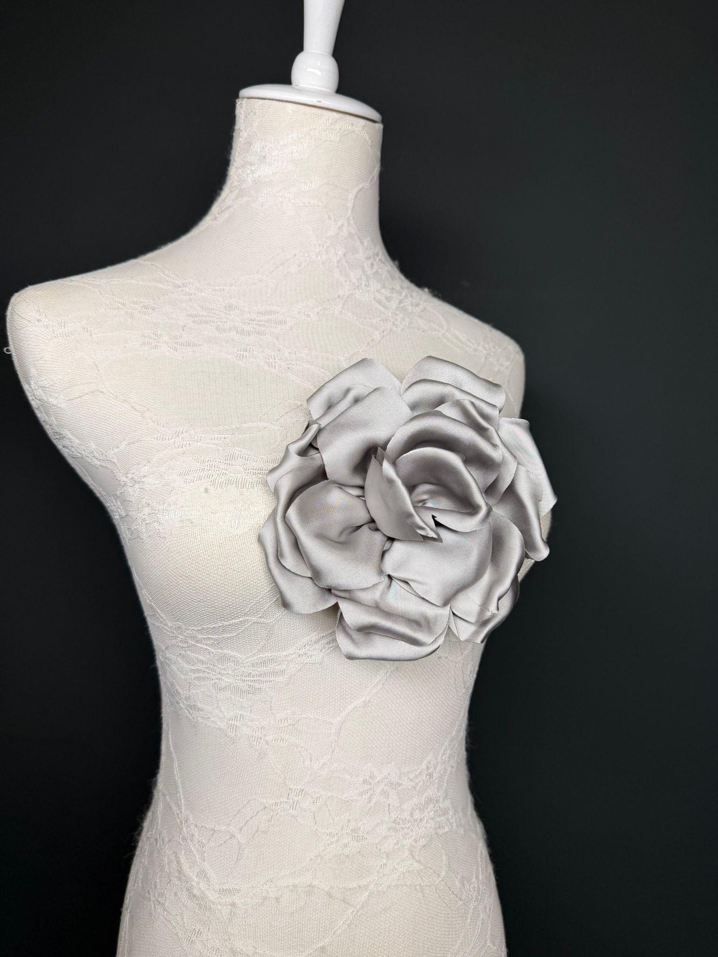 Grey Handmade Satin Corsage Flower, Pin-On Brooch (6" Wide)